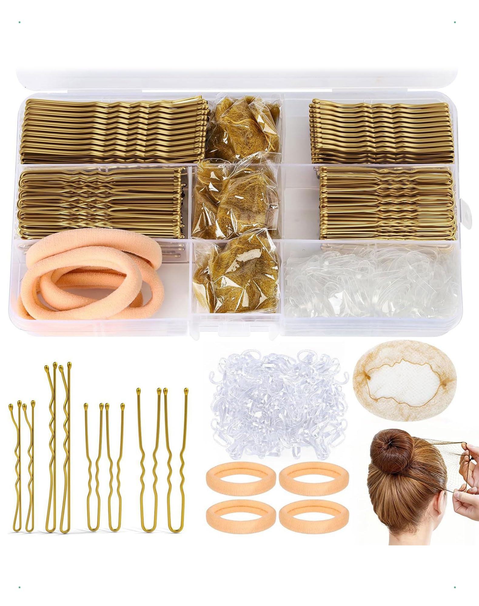 300 piezas de horquillas para mujer, horquillas metálicas, 5 cm, 6 cm, 7 cm, pinzas para moños, accesorios invisibles cabello, tiras transparentes cabello, con caja de almacenamiento, doradas — view 10