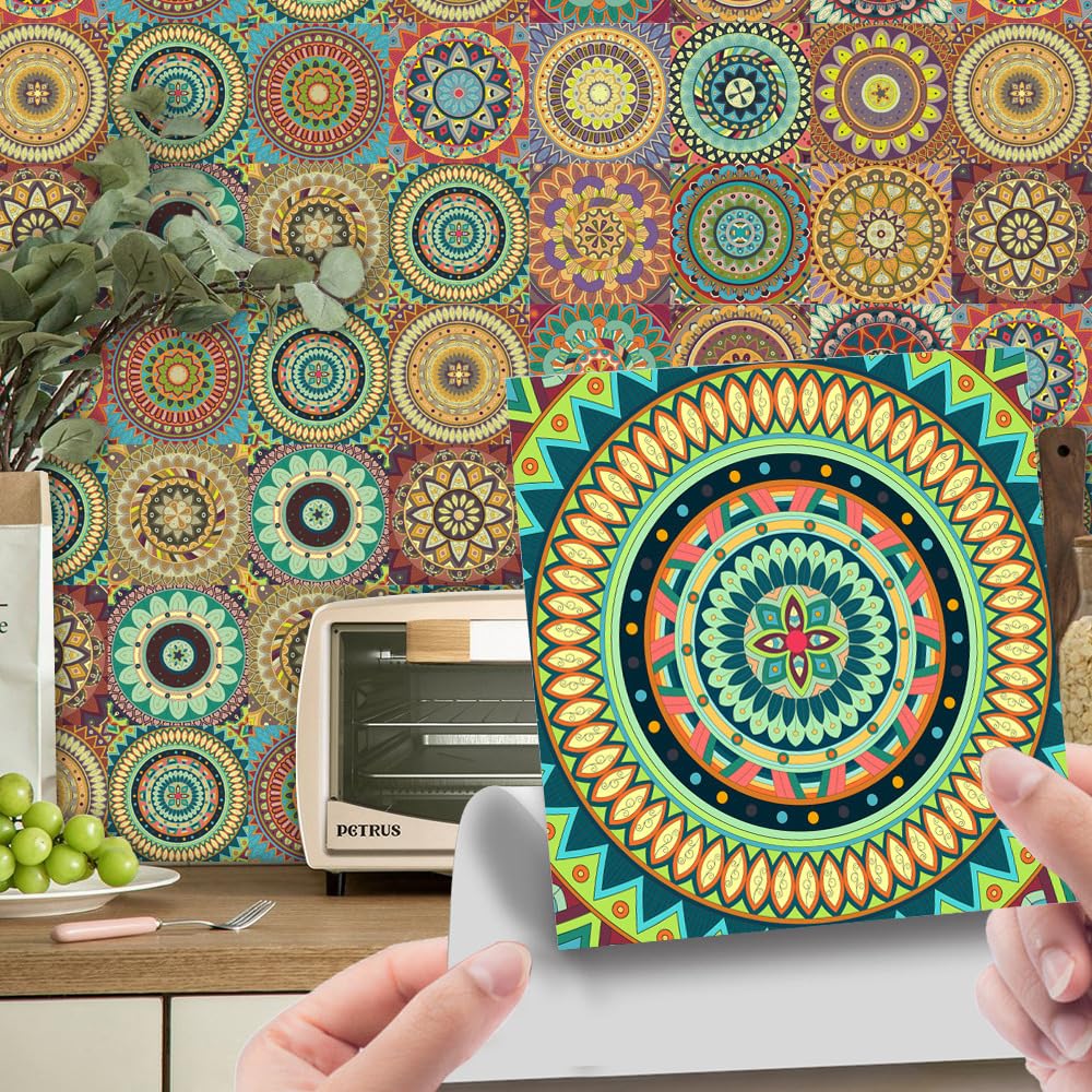 LMYSXAOZ 24 PCS Tile Stickers Stick on Tiles, Self Adhesive Wall Tiles for Kitchen Bathroom, Oil Proof Peel and DIY Floor Mandala (20x20cm,Yellow)