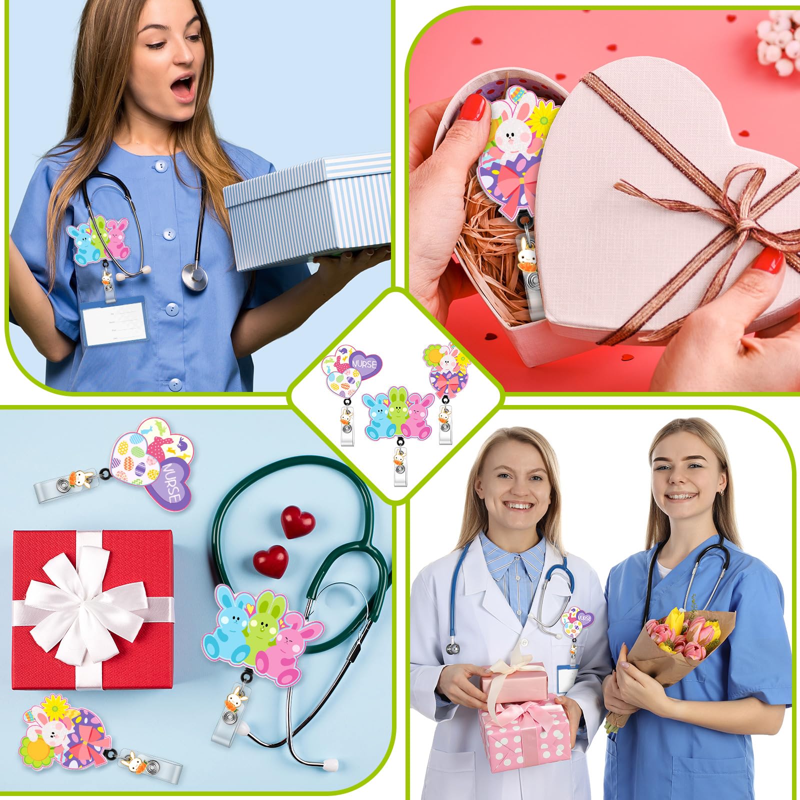 Eersida 3 Stück Ostertag-Krankenschwester-Ausweishalter, einziehbarer Glitzer, für Krankenschwestern, Ausweishalter, Glitzer, Hasen-Abzeichen, Spule, Krankenschwester, niedliches Häschen, Ei, Herz,