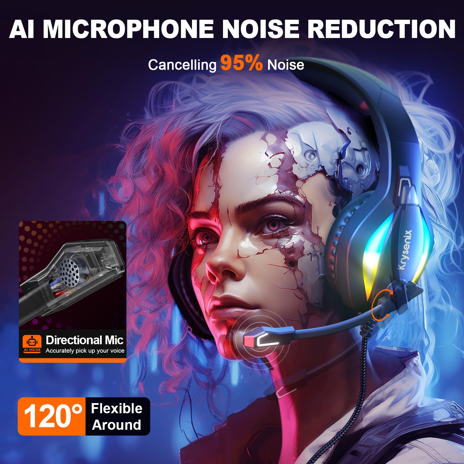 Krysenix Krysenix PG1 RGB Gaming Headset for PS4, PS5, PC, Switch, Xbox, Headset with LED and Gaming Headphones with Microphone, Noise Cancelling Headphones with 3.5mm Jack,Deep black in use
