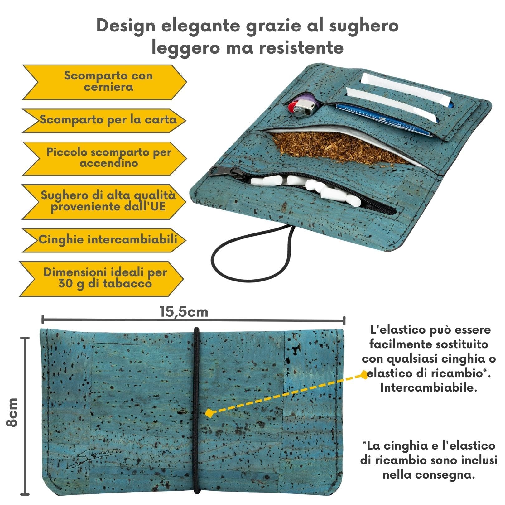 SIMARU porta tabacco in sughero, portatabacco con scomparto cartine, filtri e accendino, astuccio, borsello, sacchetto, borsa porta tabacco impermeabile, durevole e vegane, chiusura intercambiabile