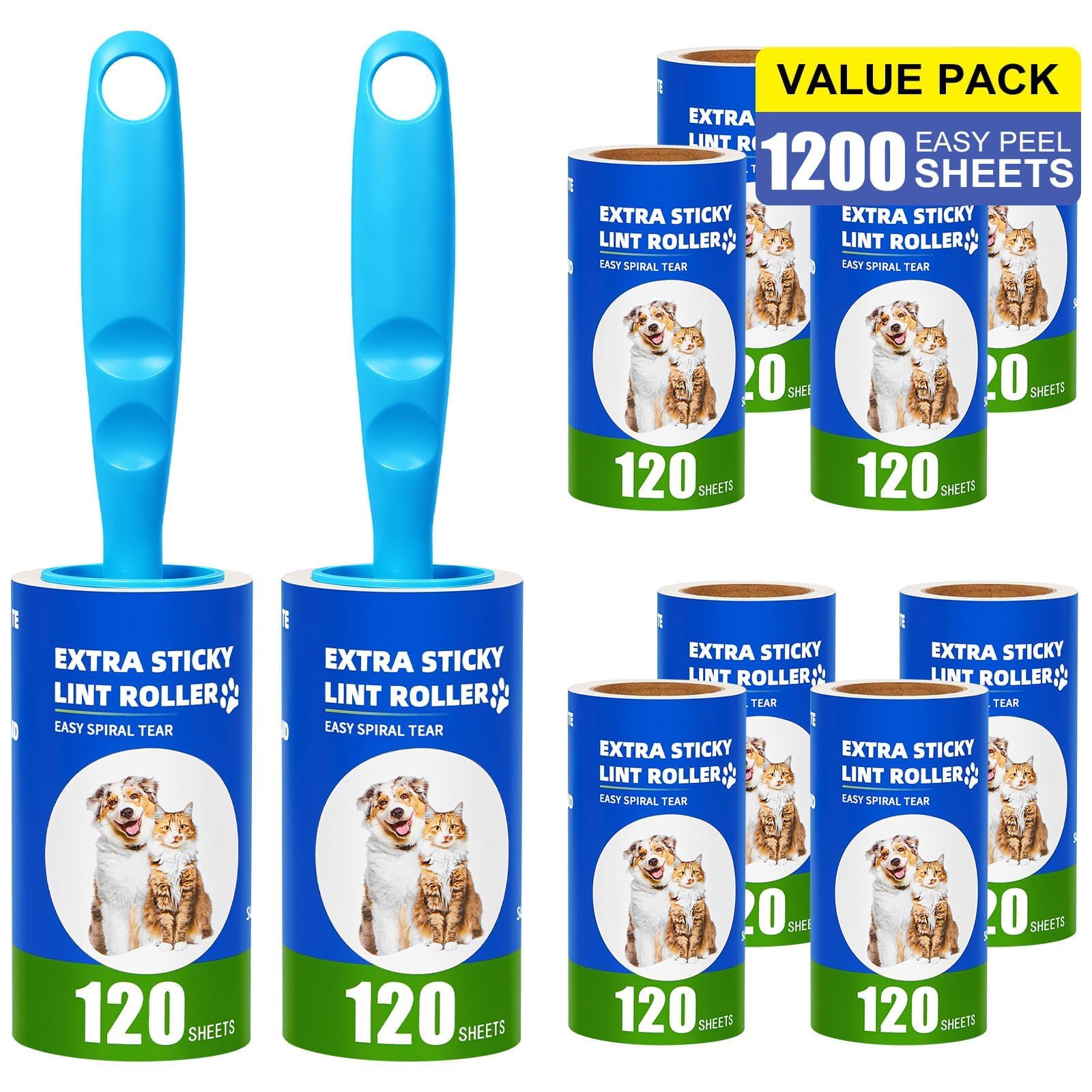 Omtofo 1200 Fogli Rullo Peli Animali 10 Rotoli + 1 Manico, Spazzola Adesiva, Rullo Adesivo Togli Peli Animali, Lint Roller per Vestiti, Capelli, Pelo di Cane, Pelo di Gatto, 120 Fogli/Rotoli