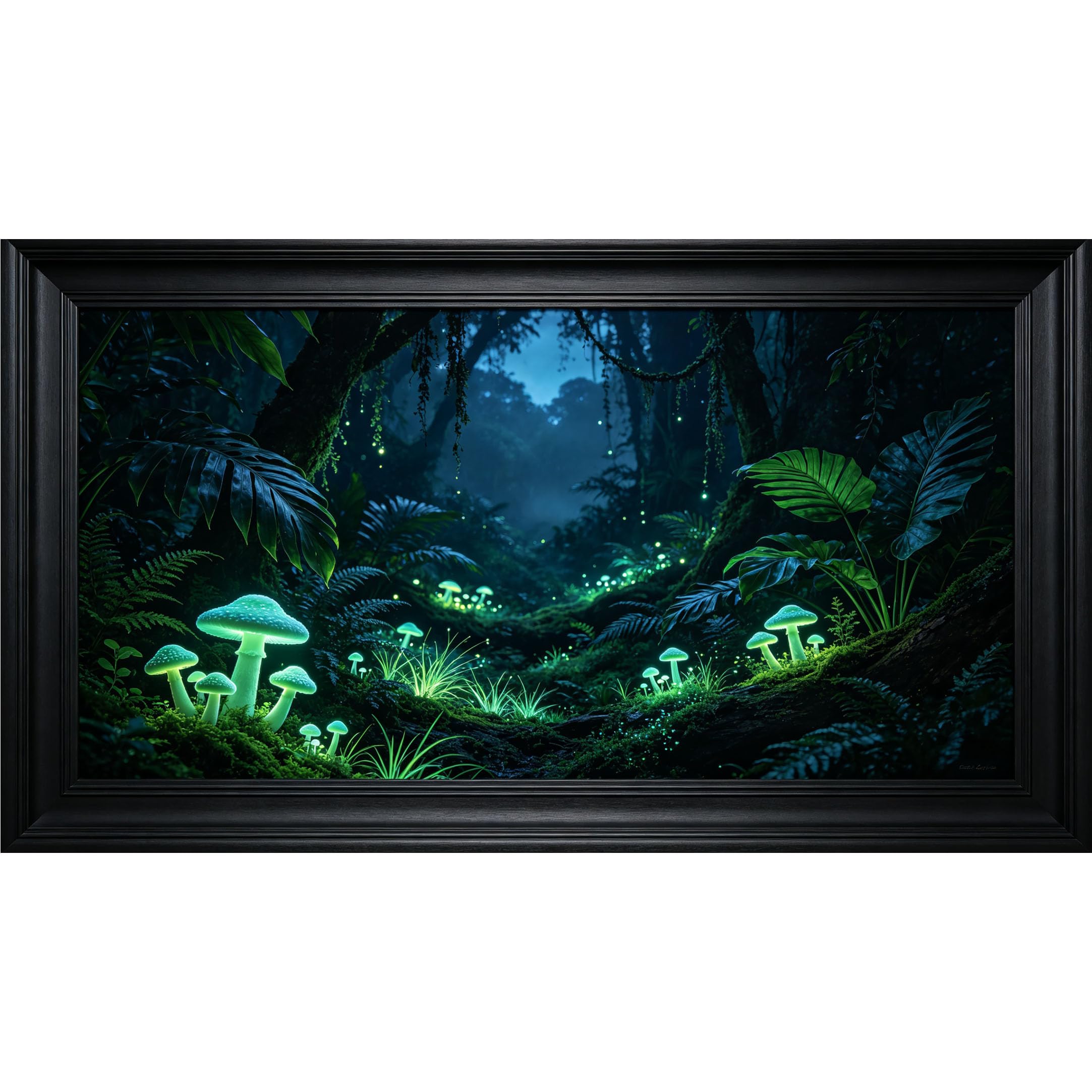 QZLITHOTIC 50x90cm3D Framed Wall Art， Glowing Mushroom Jungle Night Landscape Self‑Adhesive Mural， Water‑Activated Peel & Stick Fabric Decor Wall Decal for Bedroom Living Room