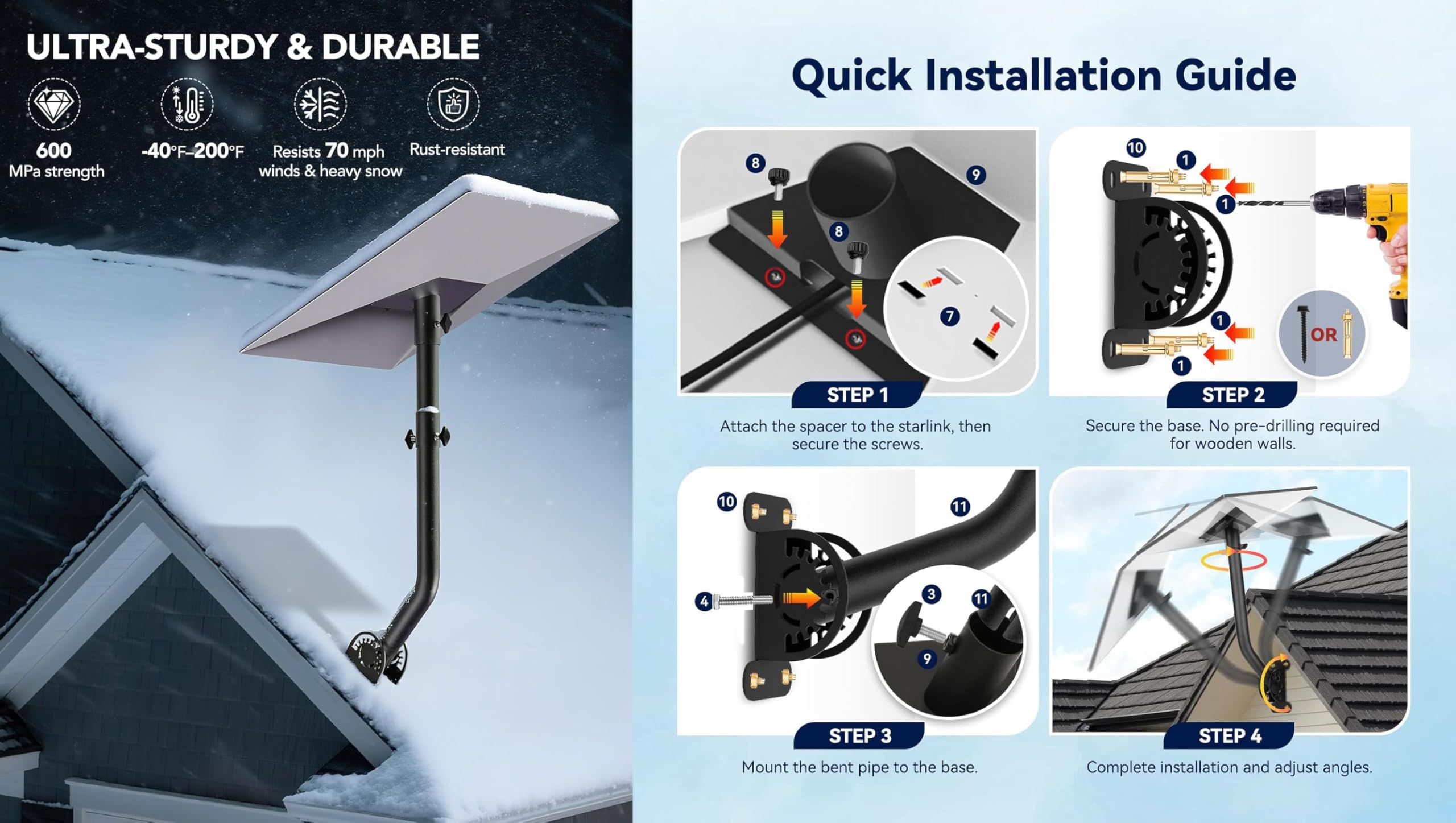 Zestaw aluminiowych adapterów do rur do montażu ściennego dla anteny Starlink Gen 3 Standard V3, w pełni regulowany uchwyt UB-AM z kątem 360°, montaż z długim słupem przedłużającym, zewnętrzna kotwica