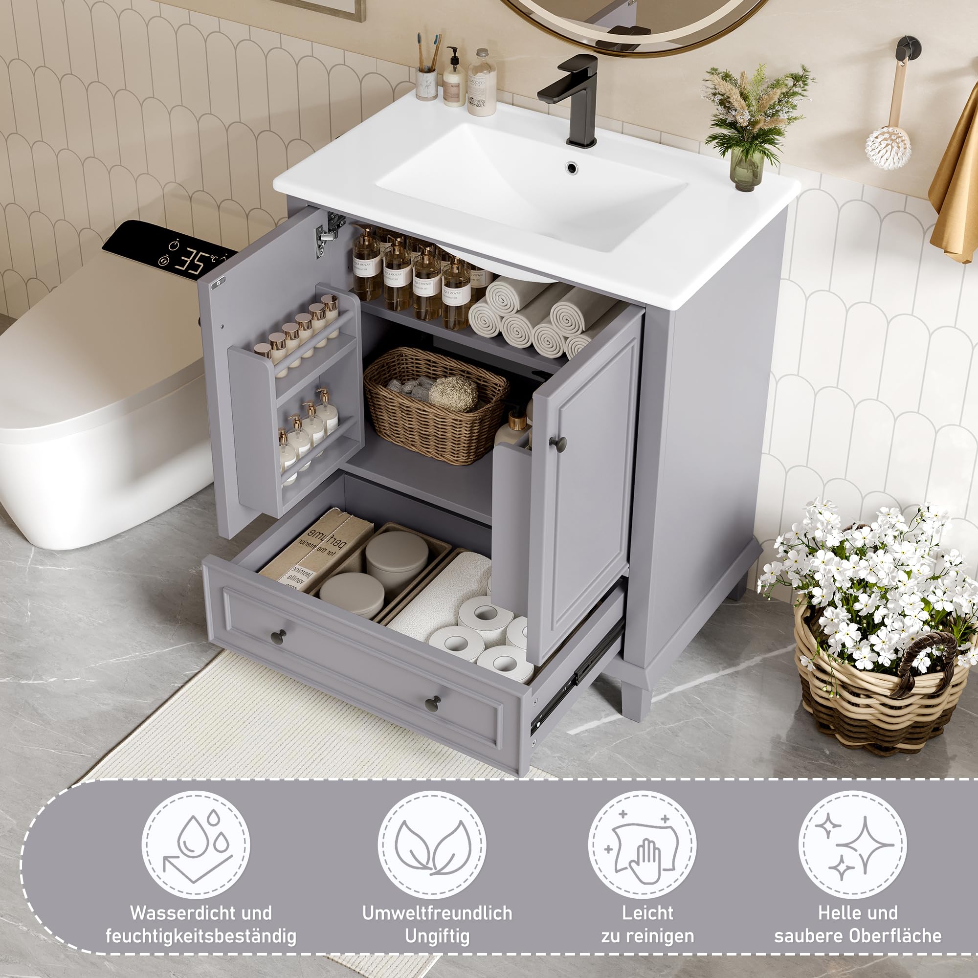 Dolamaní Set di mobili da bagno, 73 x 45 x 87 cm, lavabo con mobiletto, ampio spazio con 2 ante e un cassetto scorrevole silenzioso, per bagno, ospiti, WC e bagno (grigio)