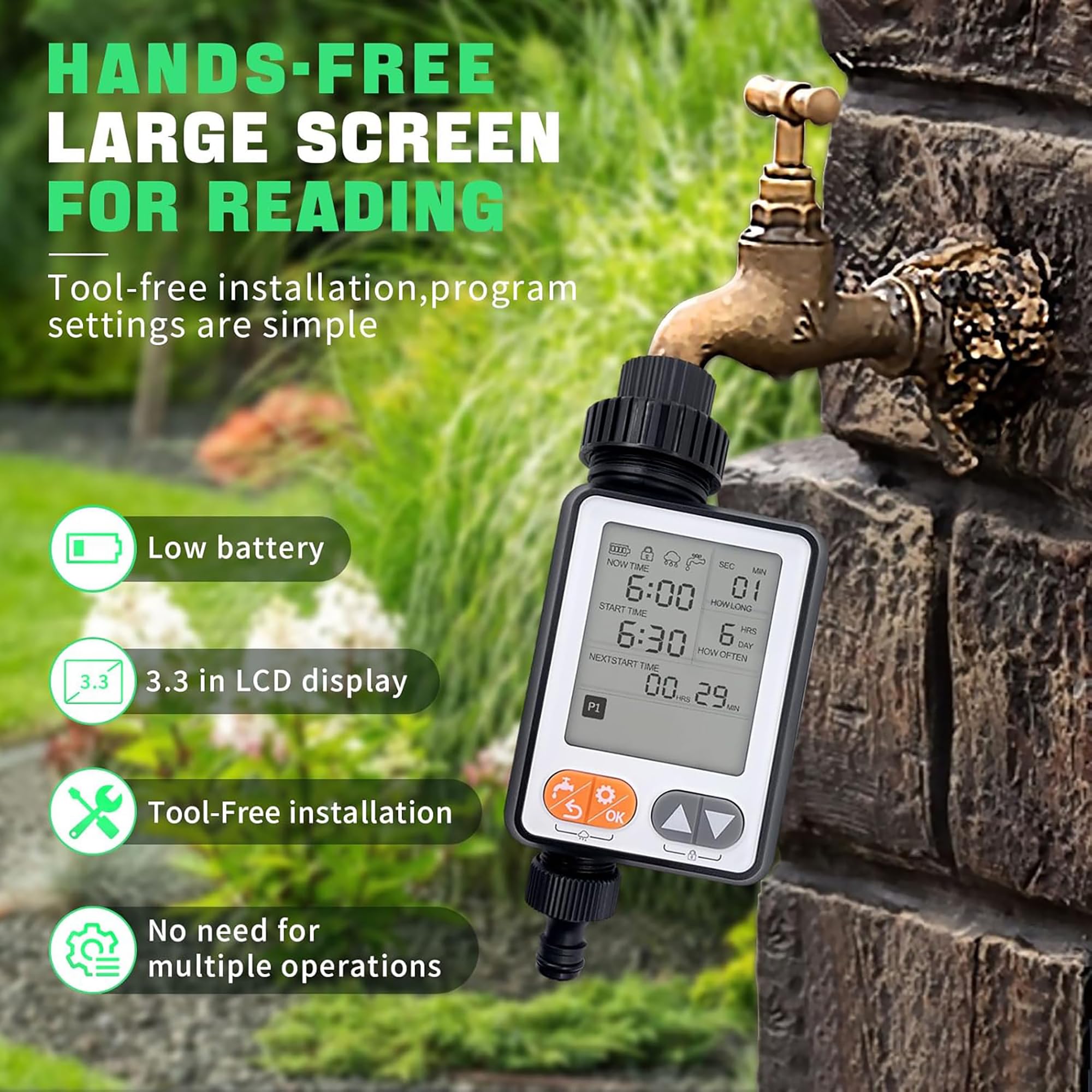Temporizador de agua para manguera de jardín, 10 temporizadores programables con retardo automático de lluvia, IP54 resistente al agua de 3.3 pulgadas, temporizador de sistema de riego por goteo LCD