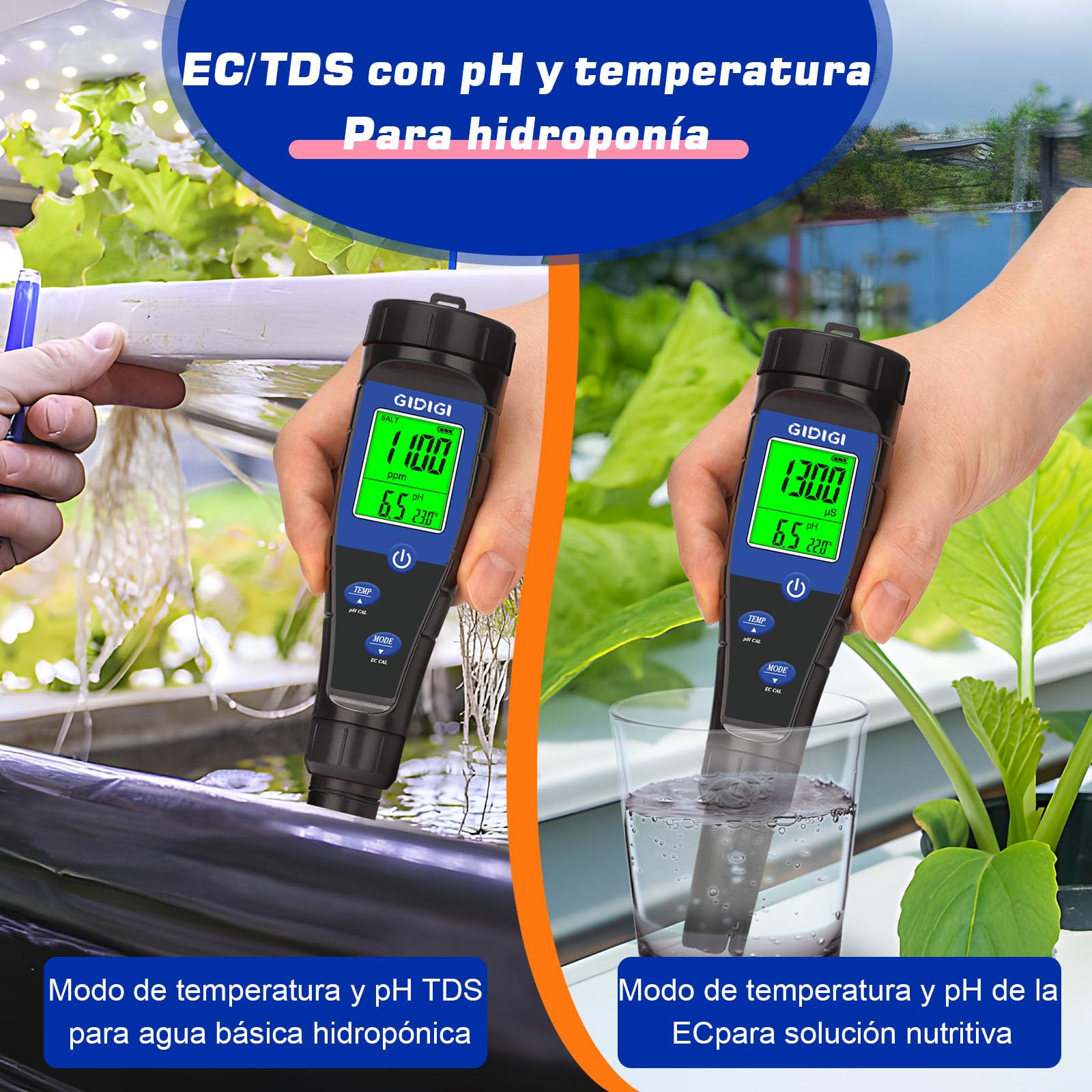Medidor de pH, probador de sal para piscina, 5 en 1, probador de TDS EC pH con líquidos calibración, medidor ppm pH para piscina agua salada, acuario, spa, hidroponía, cerveza