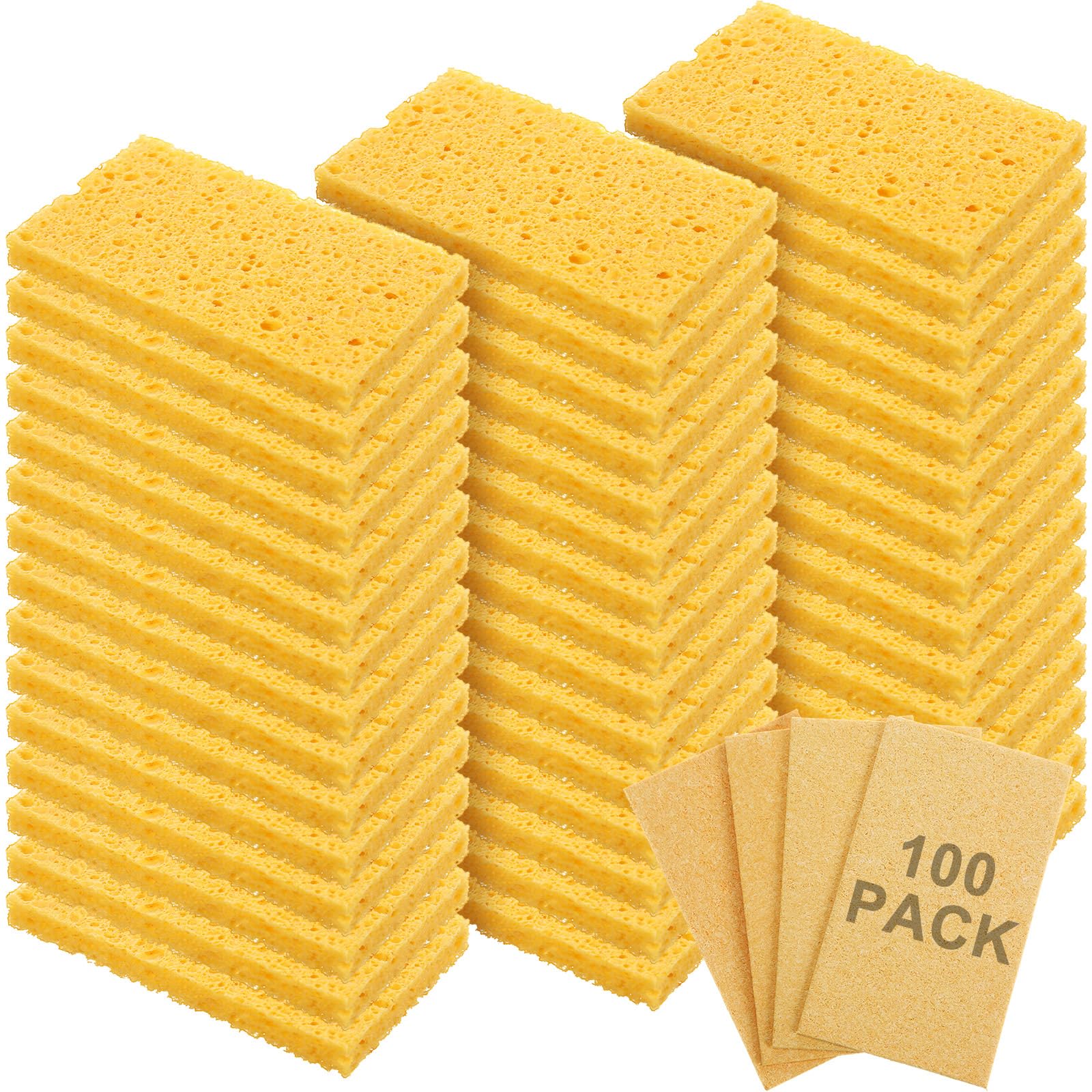 Zhengmy 100 esponjas de cocina naturales a granel para platos, esponjas de pulpa de madera comprimida, esponja de limpieza sin rayar, para cocina y baño, 3.9 x 2.4 x 0.12 pulgadas (amarillo)