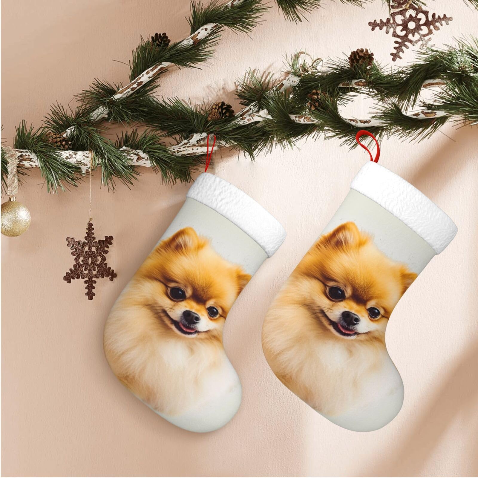 Yellow Pomeranian Christmas Stockings Velvet Xmas Fireplace Hanging Stocking with Plush Cuff Rustic Christmas Santa Stockings for Home Christmas Decorations Party Favor Supplies
