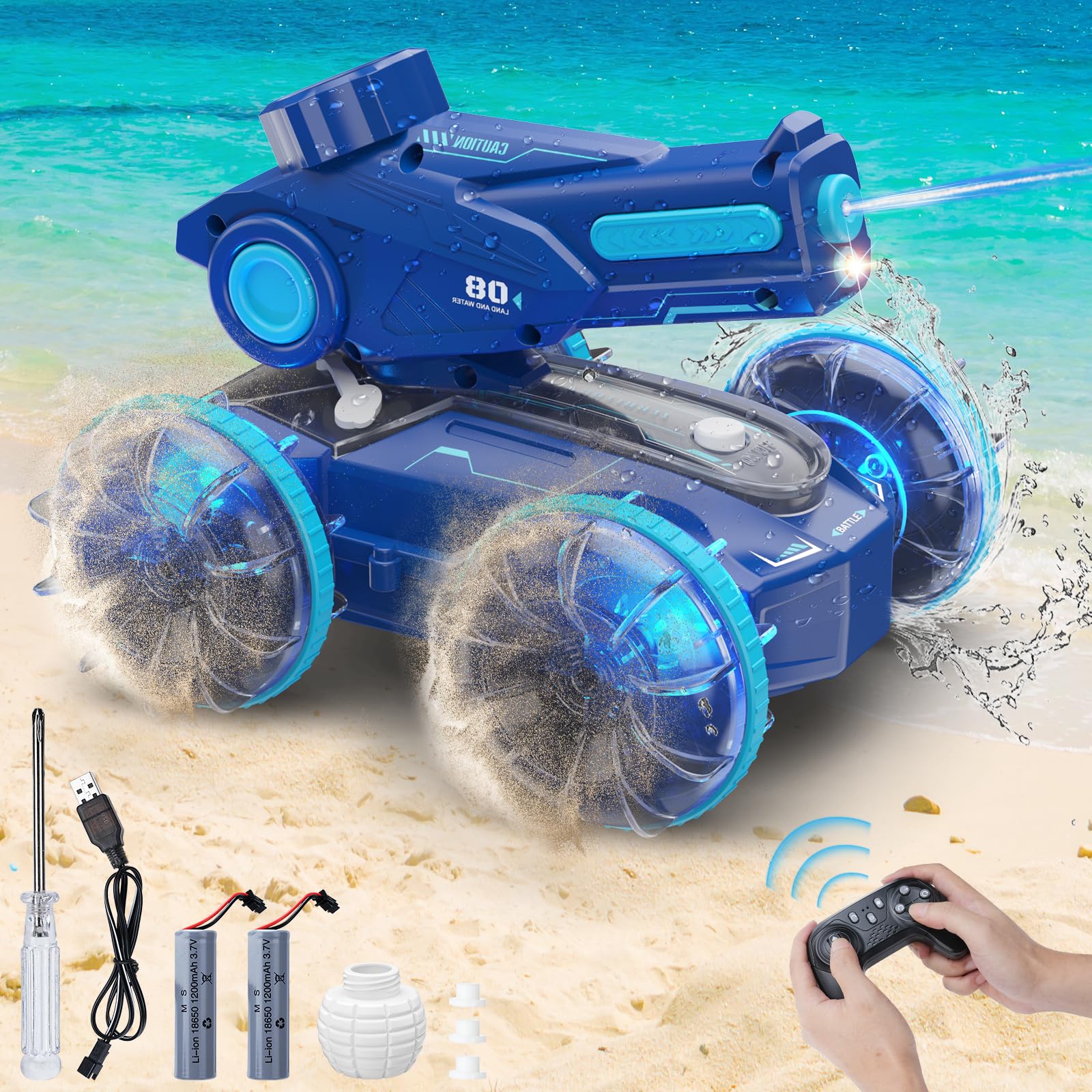 Aceshop Coche Teledirigido Anfibio, 2,4GHz Impermeable Coche RC con Luz y Pulverización, Stunt Coche de Rotación 360°, Coche RC 4WD Regalos para Niños y Niñas Mayores de 6 Años, 2 Baterías Recargables