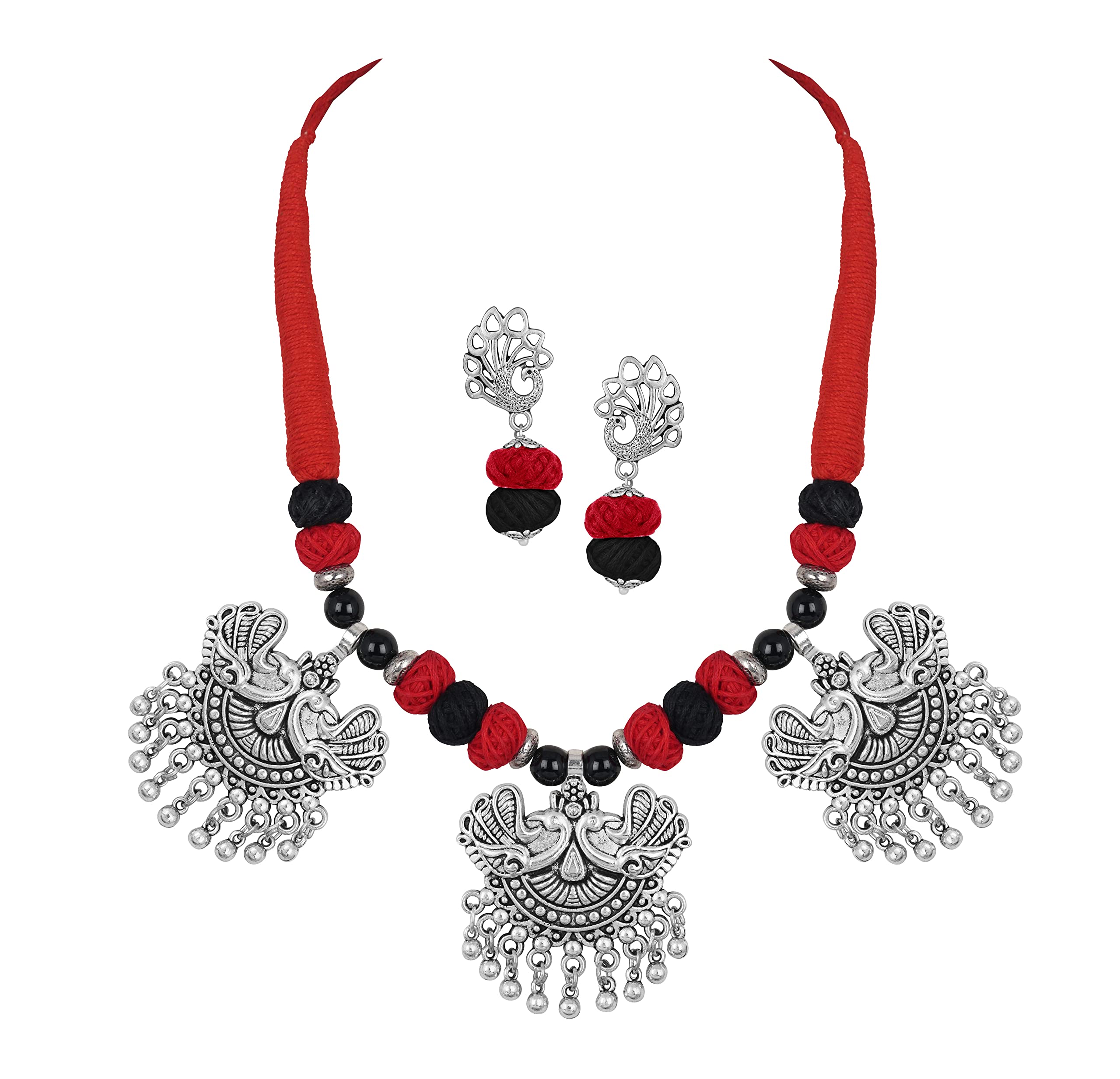 JFL - Jewellery for Less Oxidised Silver Plated Tribal 3 Peacock Design Pendant Cotton Beaded Handcrafted Necklace Set with Adjustable Thread Women & Girls.(Black, Red) (B0DG5PL1C5) Amazon Price History, Amazon Price Tracker
