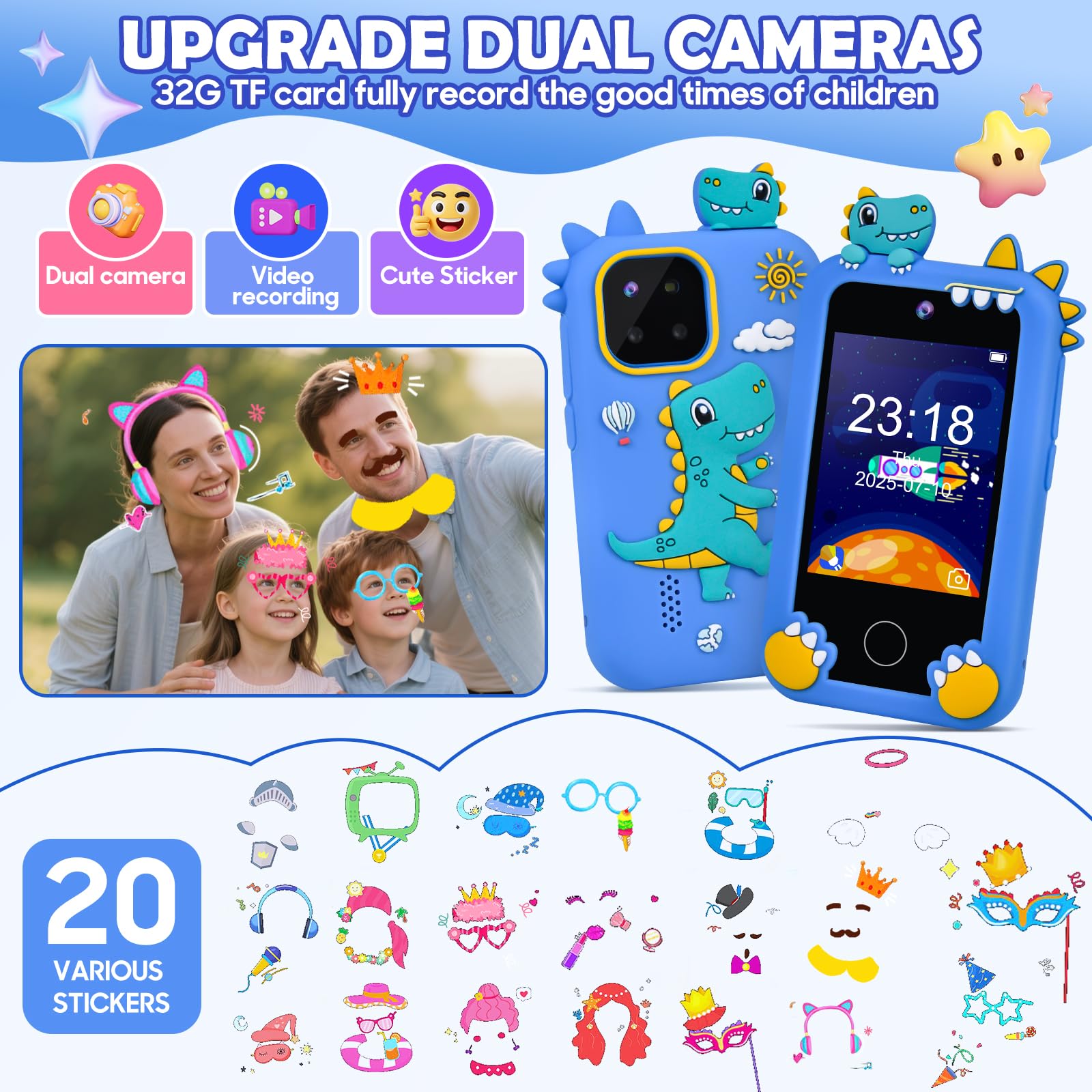 Elecoutek Kids Phone for Boy Dinosaur Phone Toys for 3-10 Year Old Boys, Kids Mobile Phone Toy with Dual Cameras - Image 3