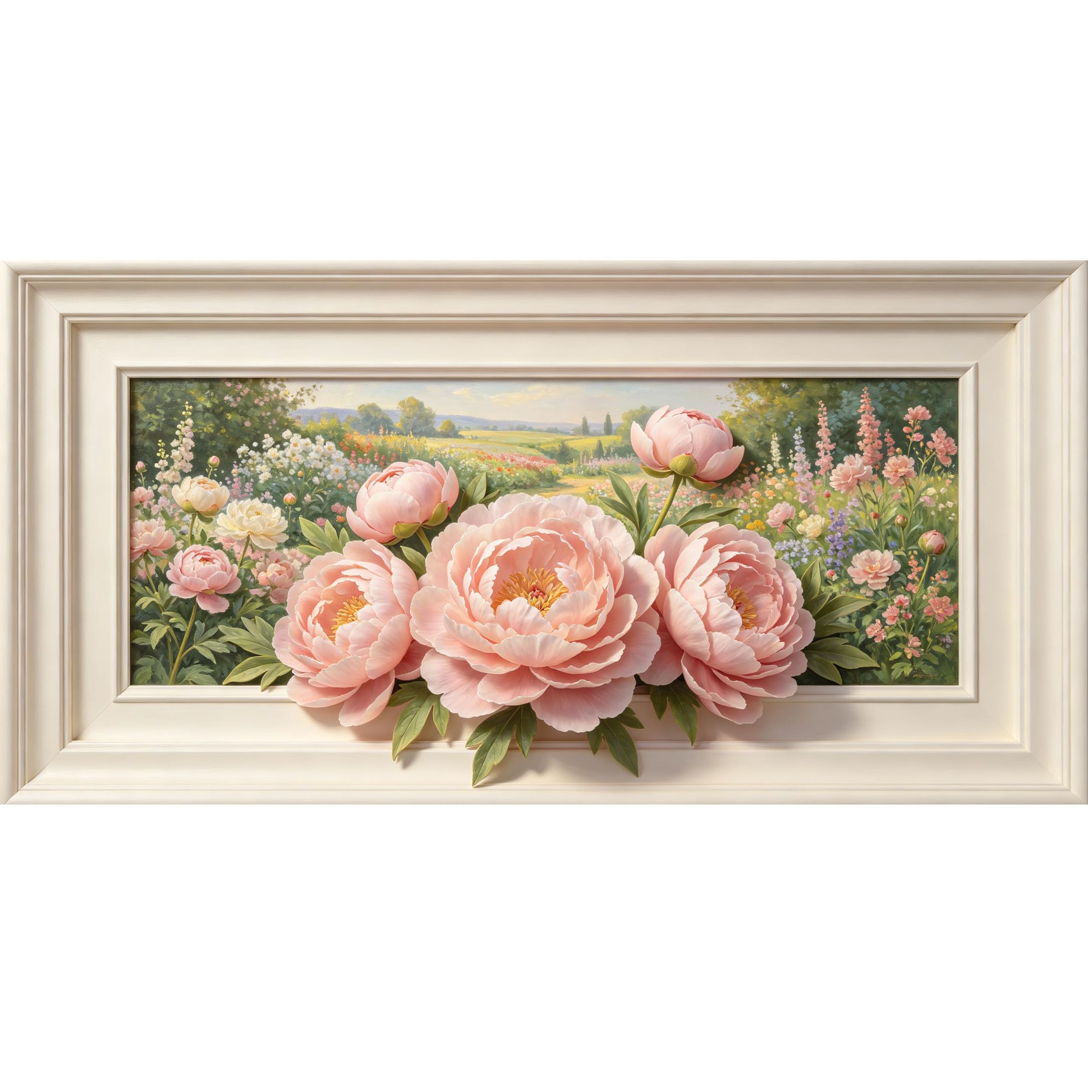Agglomerix 3D Framed Wall Art Peony Garden Floral Botanical Oil Painting Relief Effect Large Size Self-Adhesive Removable Wall Decor Prints Artwork for Living Room Bedroom Office