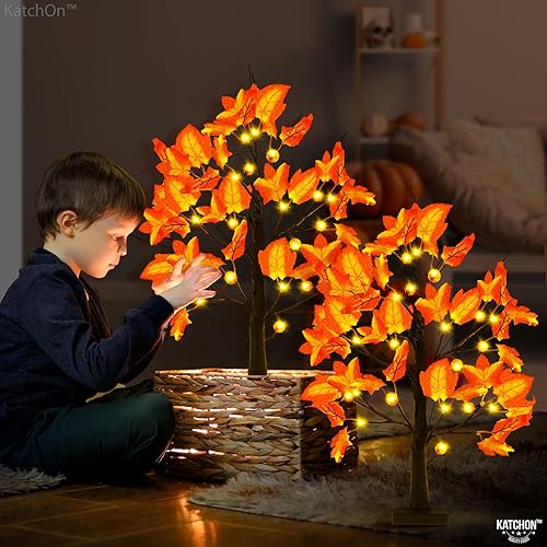 Miniatura 4 de KatchOn, Árboles de arce artificiales con luces, 24 pulgadas, paquete de 2 unidades, 48 LED, árboles de arce iluminados de otoño, árboles iluminados