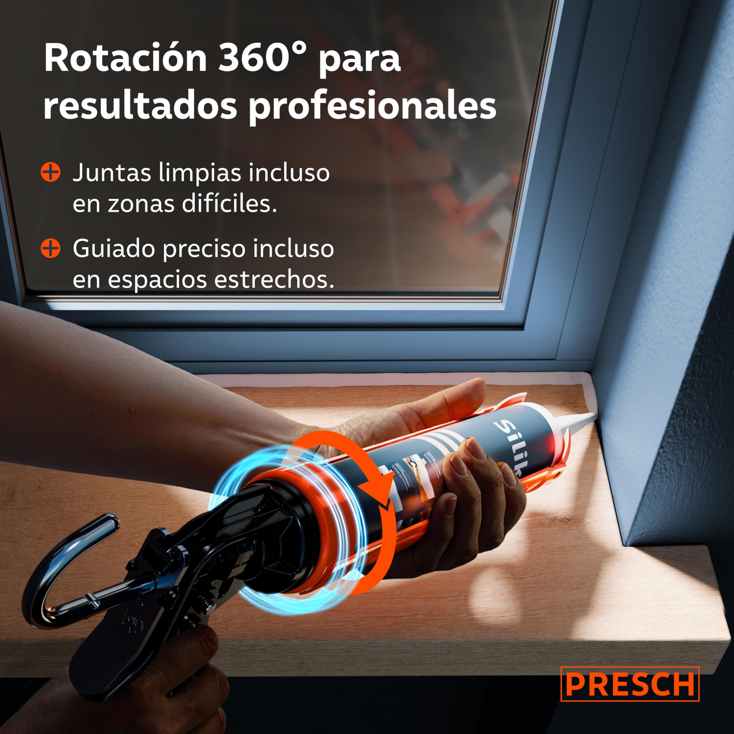 Presch Juego Pistola Silicona 26:1 & 12:1 con antigoteo – Para cartuchos hasta 310 ml (acrílico, silicona, adhesivo alta adhesión) – Cartuchera pistola giratorio 360° incl. aguja de perforación