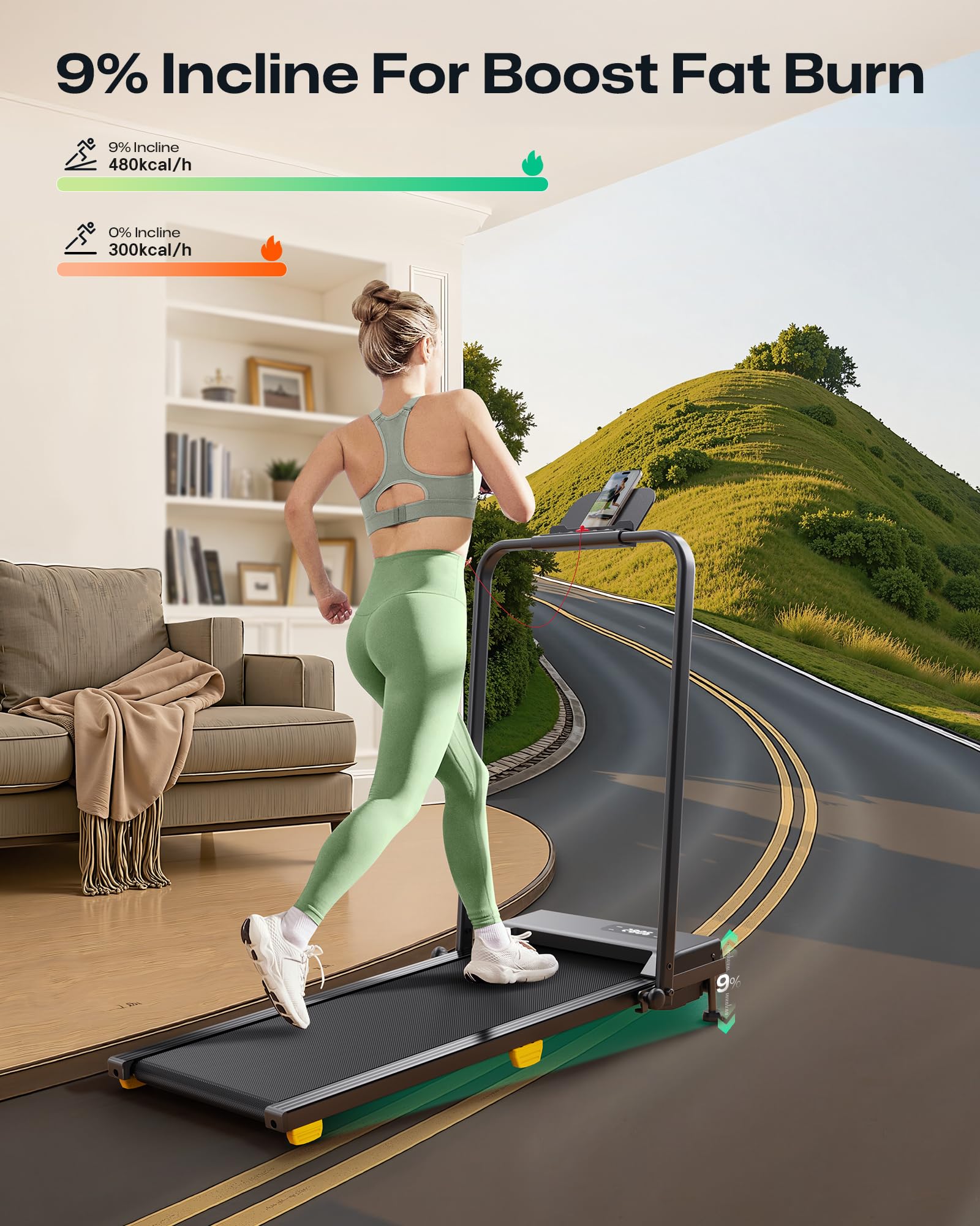 UREVO Tapis De Course Pliable, 3 en 1 Tapis de Marche Inclinable Pliable 9% Et Amorti, One-Touch HIIT 1-10 KM/h, Moteur Silencieux, Idéal pour Cardio Training À La Maison Et Au Bureau
