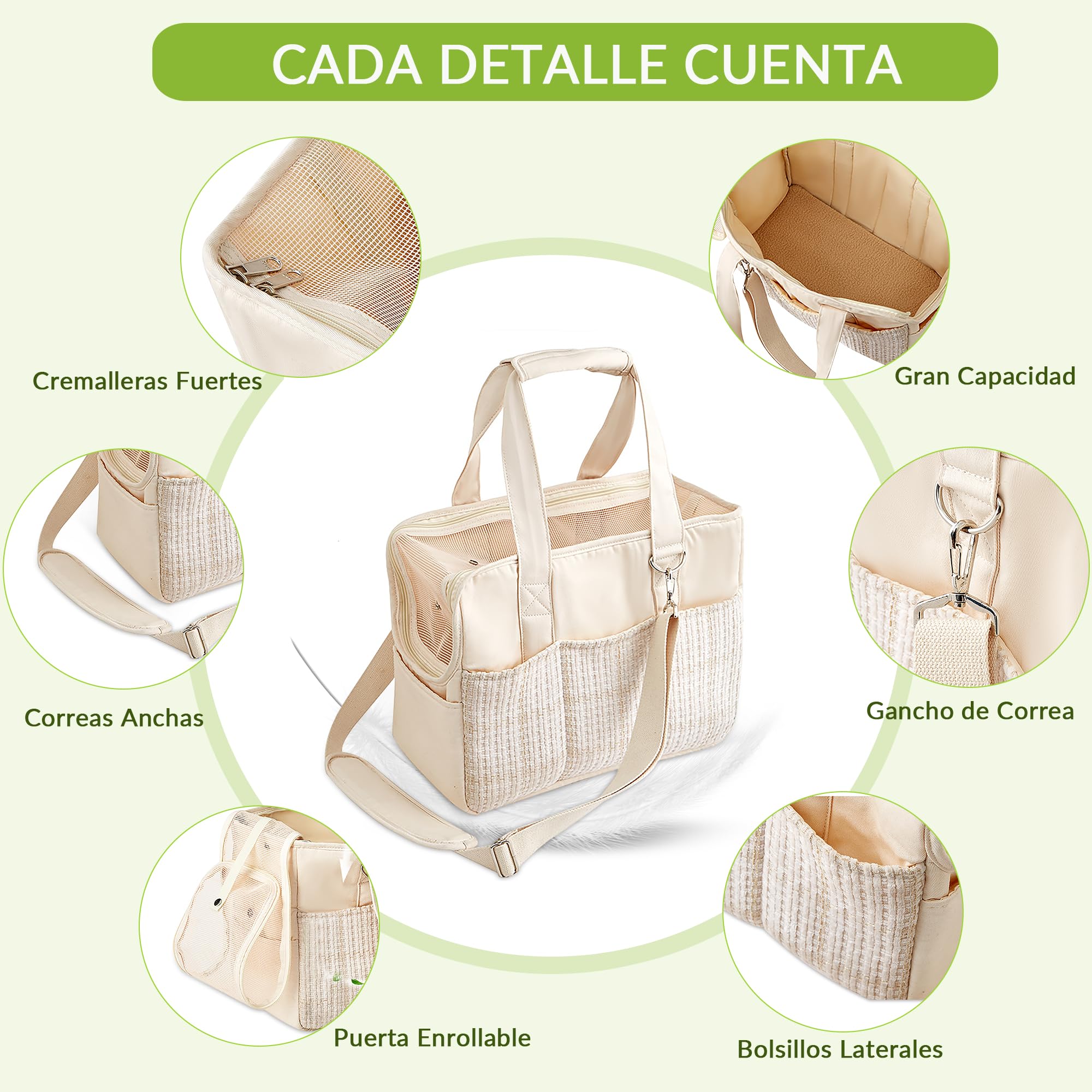 ALLSOPETS Transportín para Perro Pequeño y Gato, Bolso para Mascotas Plegable con Bolsillos, Correa de Seguridad y Cojín Extraíble, Ideal para Viajar Camping Paseo (Beige Elegante)