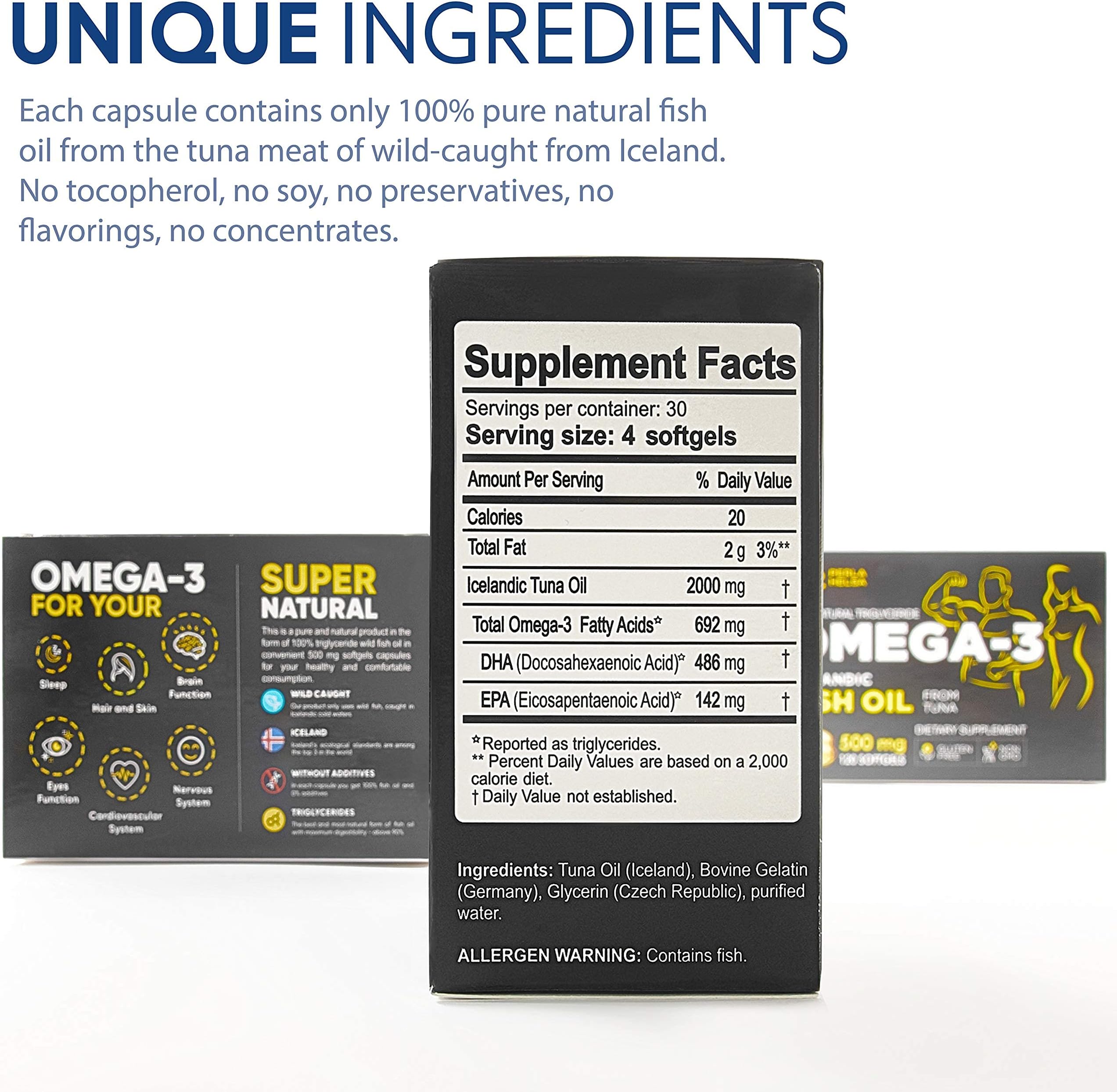 Omega 3 Fish Oil Fatty Acid Supplement. 100% Natural Nordic Cod Liver with Fast Acting Highest DHA & EPA Triglyceride from Iceland. Burpless, Easy Swallow, Supports Sleep, Hair, Skin, Brain (Tuna Oil)