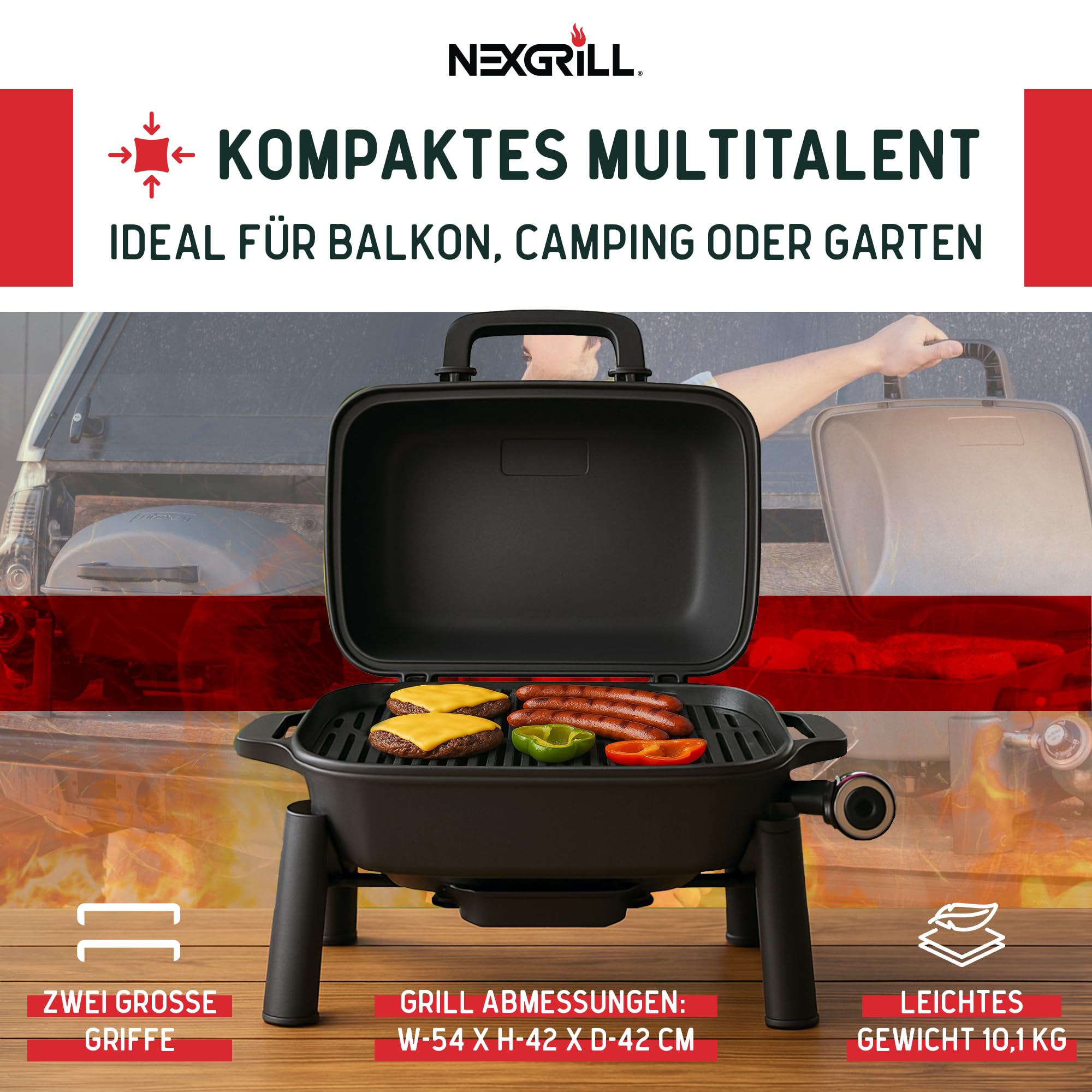 Nexgrill Gasgrill klein & tragbar für bis zu 300° – Tischgrill Gas für Balkon & Camping, Kleiner Grill mit Deckel, Gusseisenrost, 3,1 kW Edelstahlbrenner, Piezozündung, Mini Gasgrill kompakt