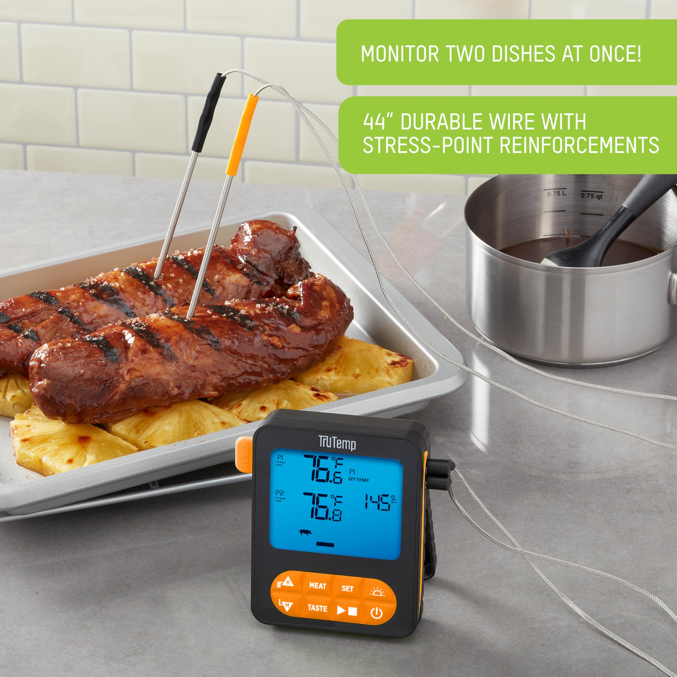 Taylor TruTemp Termómetro programable para carne y alimentos con cable de doble sonda, digital, monitor de dos platos, hornear, asar, fácil de usar, retroiluminado, naranja