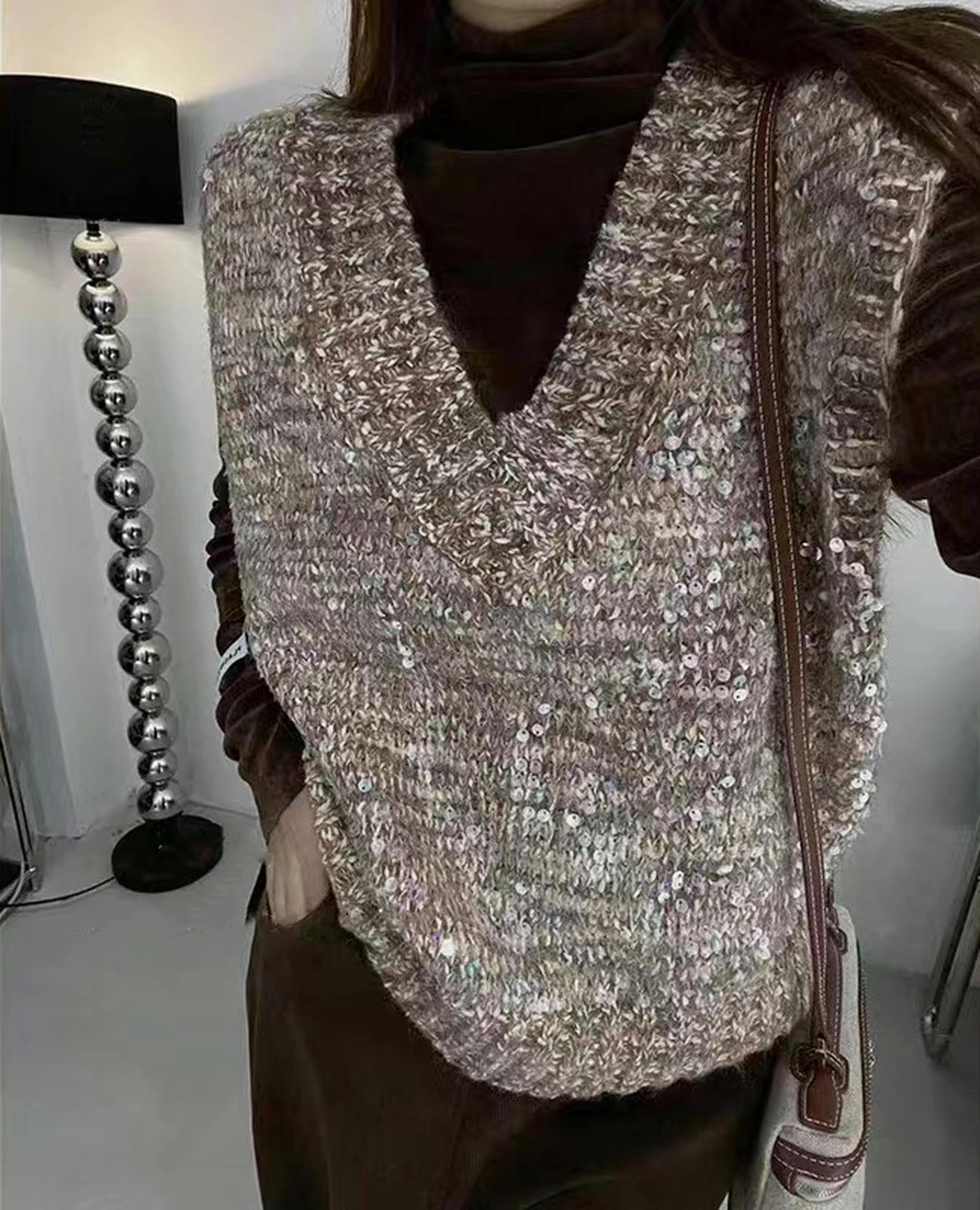 Chaleco de Punto con Cuello en V para Mujer, diseño de Lentejuelas Pesadas, Color Rosa raíz de Loto, Talla única