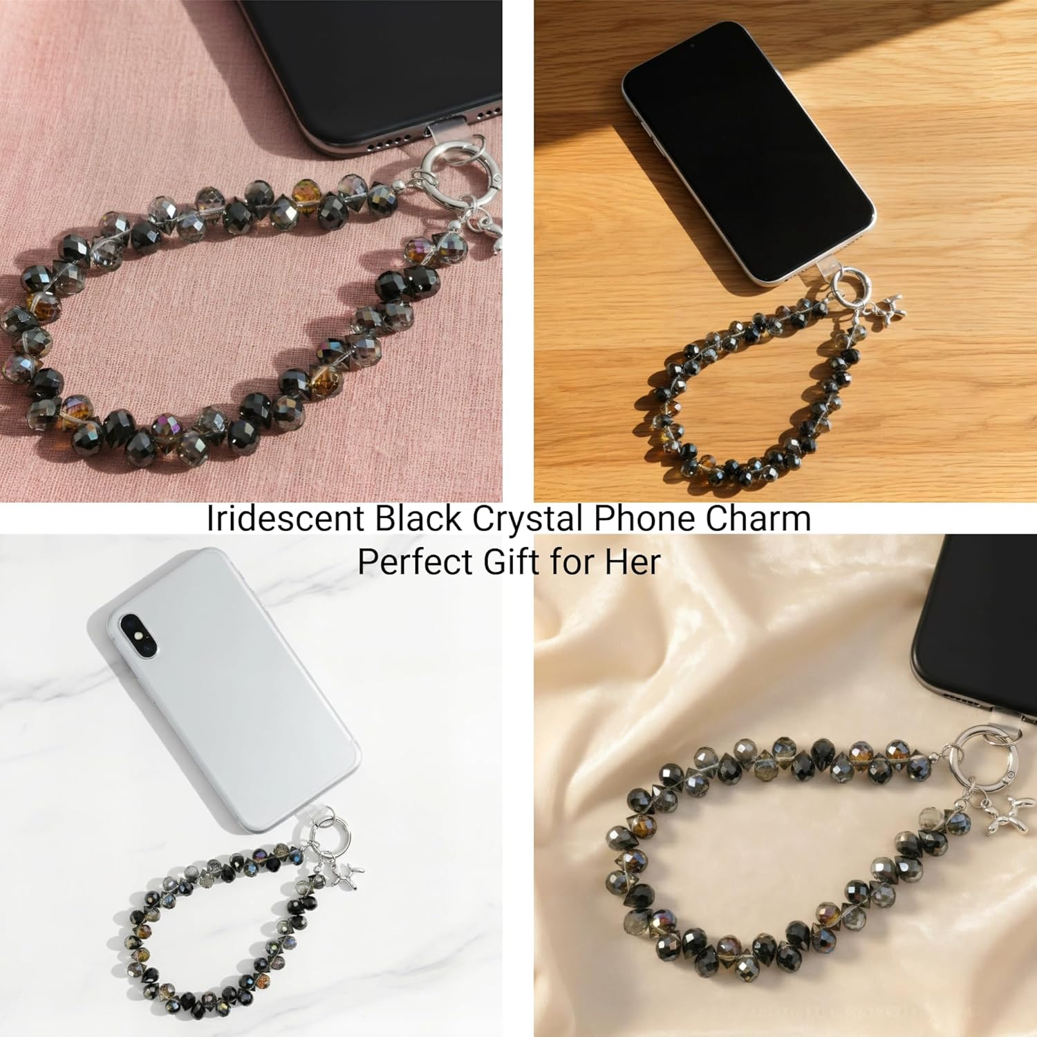 Crystal Phone Wrist Strap Phone Charm Chain Keychain Beaded Cellphone Lanyard with Tether Tab Hands-Free Wristlet Bracelet Wrist Grip Strap for Women, D-Black - Image 4