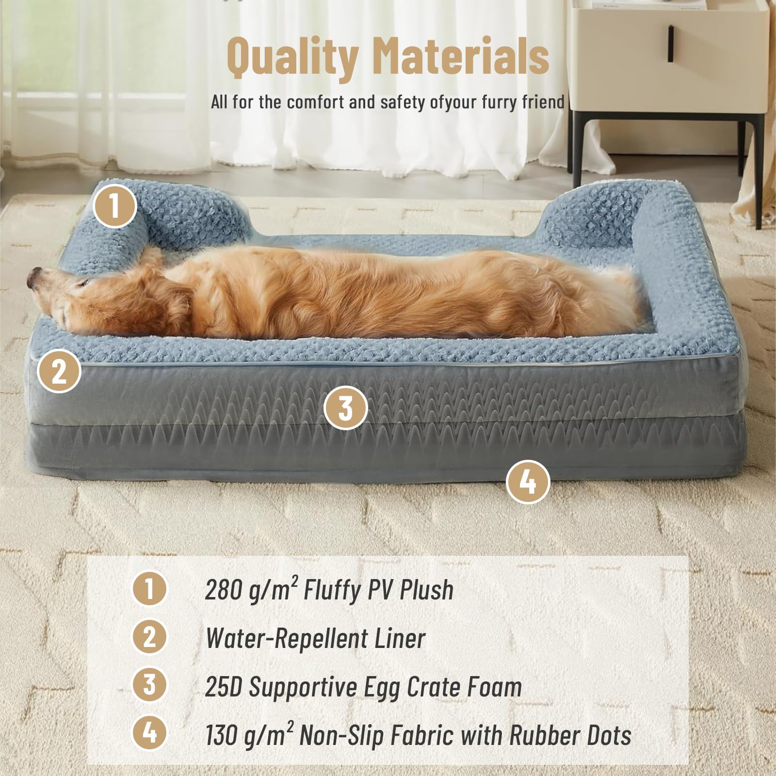 Letto Ortopedico Cane, memory foam, 108x76 cm, lavabile | Divano cane con bordo rialzato, fodera impermeabile & fondo antiscivolo – cuscino morbido in peluche per cani grandi