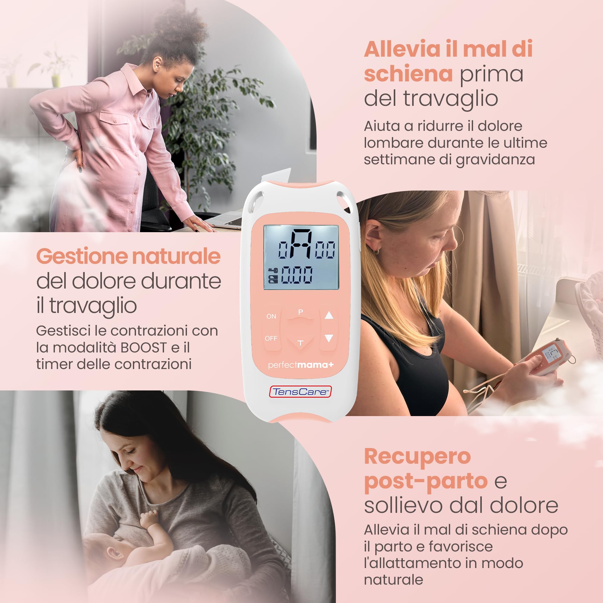 TensCare Perfect Mama+ Elettrostimolatore per Sollievo dal Dolore Durante il Travaglio e Gravidanza - Dispositivo Elettrico Sicuro per Future Mamme, Monitoraggio Contrazioni, Kit Completo