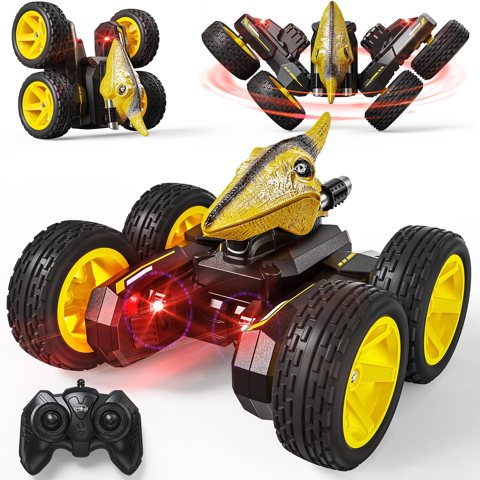 DODOELEPHANT Remote Control Dinosaur Truck,RC Car for Boys 4-7 with One-Key Demo,360°Rotation,4WD,All Terrains, Electric Hobby Pterodactyl Toys Indoor Outdoor Birthday Gifts-Yellow