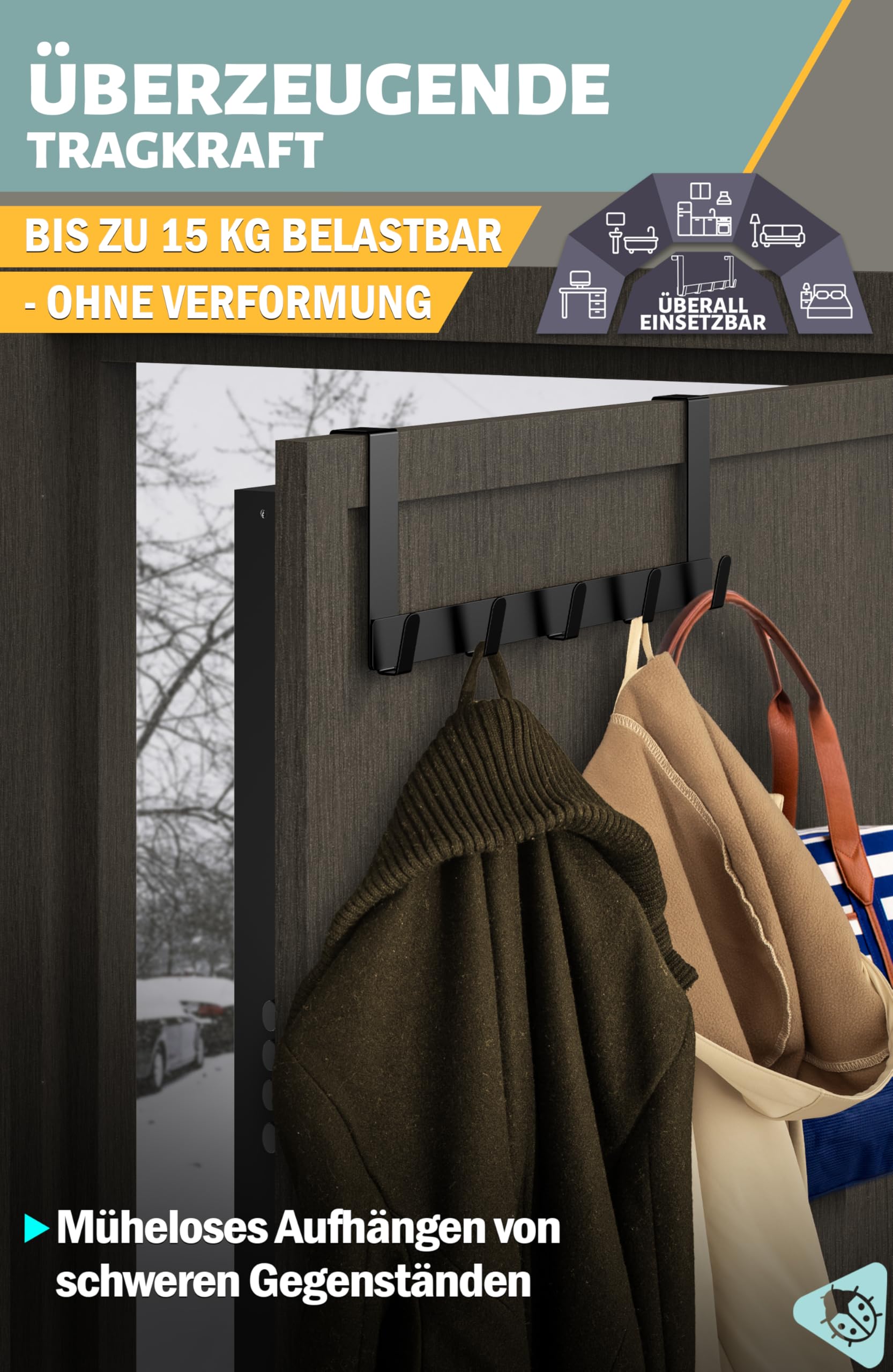 Appendiabiti Da Porta Con 5 Ganci - Nero, Resistente Fino A 30 Kg, Per Vestiti, Asciugamani, Borse - Foto 8