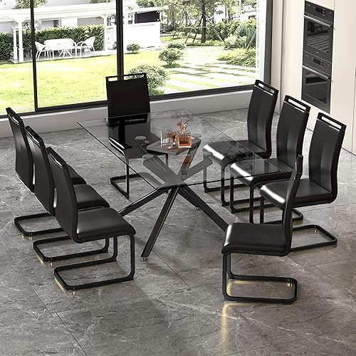 Miniatura 17 de Juego de 6 mesas de comedor de cristal, moderno juego de mesa de comedor de 71 pulgadas con 6 sillas de comedor tapizadas de piel sintética para