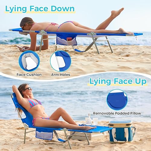 Miniatura 4 de #WEJOY Silla de bronceado plegable con agujero frontal, 5 posiciones boca abajo, tumbonas de playa con almohada para tomar el sol al aire libre