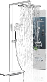 Schütte HAWAII Duschsystem mit Thermostat und Glasablage, Duschset mit 30x20cm Kopfbrause, Regendusche mit Wandhalterung und Duschkopf, Duschpaneel Duschsäule, Chrom