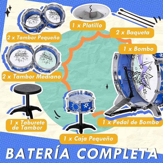 Foto 4 de 8 de AIYAPLAY Batería Infantil con Taburete Niños +3 Años 65x22x57 cm Azul