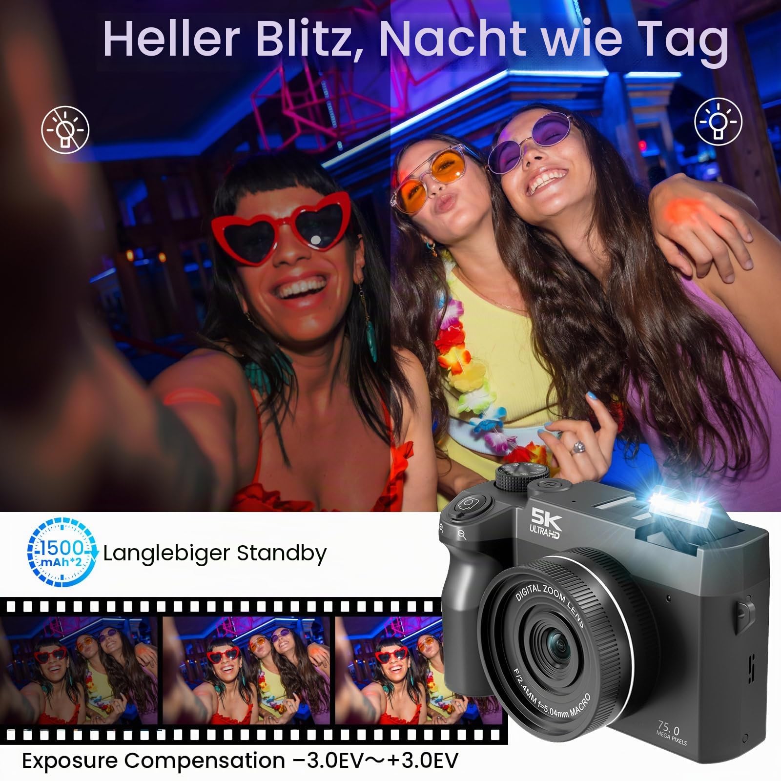 LAMA Digitalkamera 5K 75MP Dual Lens Digitalkamera, Autofokus Vlogging Kamera mit 32G SD-Karte, Kompaktkameras mit 3,0-Zoll-Bildschirm, 18X Digitalzoom Kameras Fotokamera für Anfänger, Schwarz