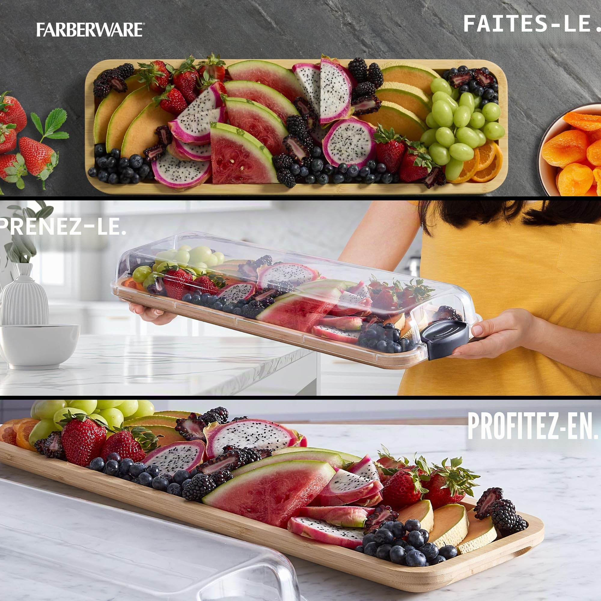 Farberware Planche à Découper Rectangulaire Build-a-Board avec un Compartiment et un Couvercle Transparent qui se Ferme pour la Charcuterie, les Snacks et Plus, Bambou, 17x56cm
