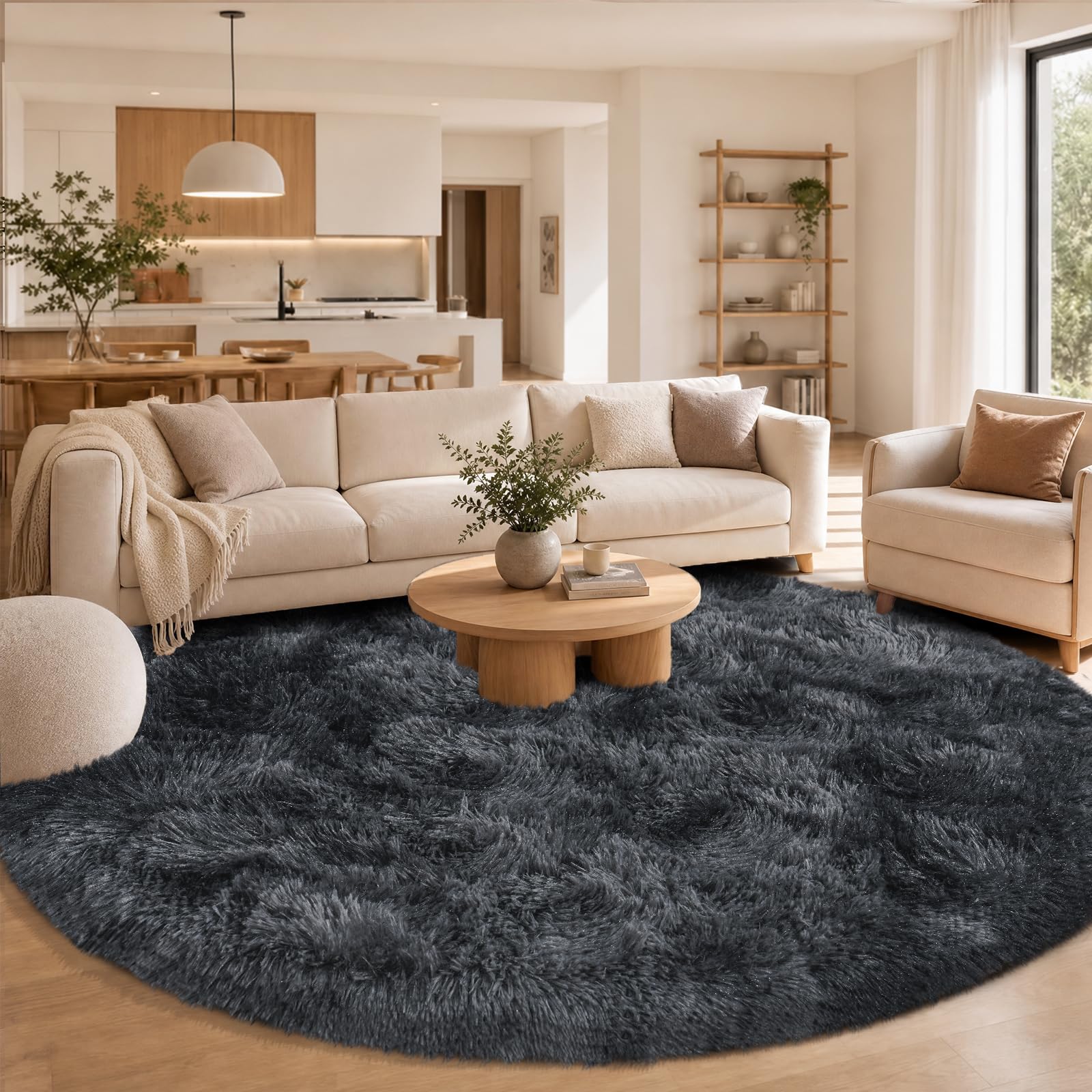 Round Rug 160cm Black Gray Fluffy Shaggy Large Rugs for Living Room bedroom โ image 1