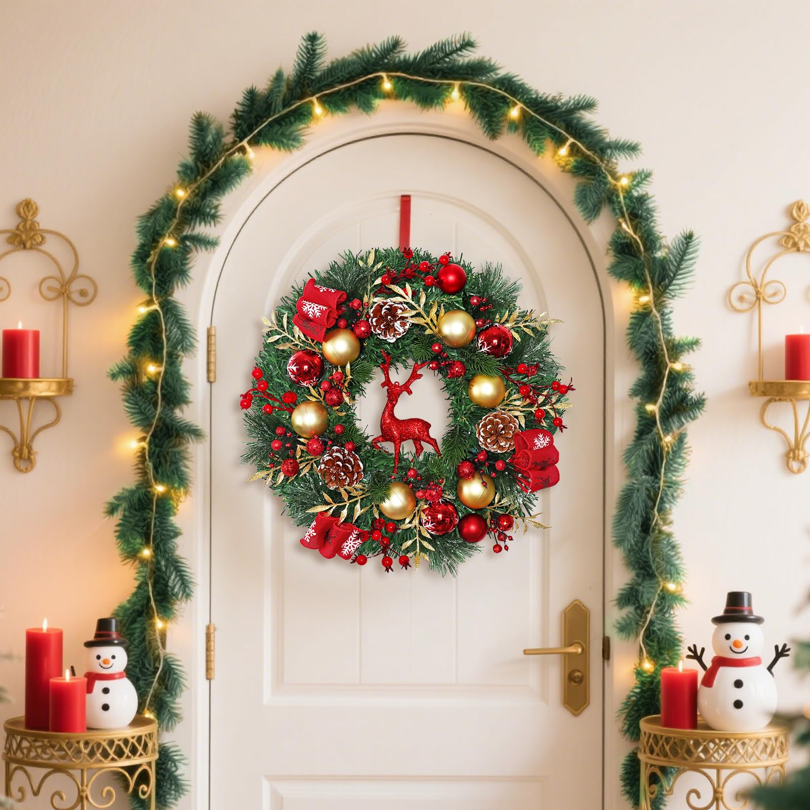 Dremisland Rot Rentier Weihnachtskranz für Haustür 44cm Künstliche Tannenkranz Adventskranz Türkranz Weihnachten Außen Ball Türschmuck Beerenhaufen Grün Weihnachtsdeko Innen Außen Wand Wohnkultur