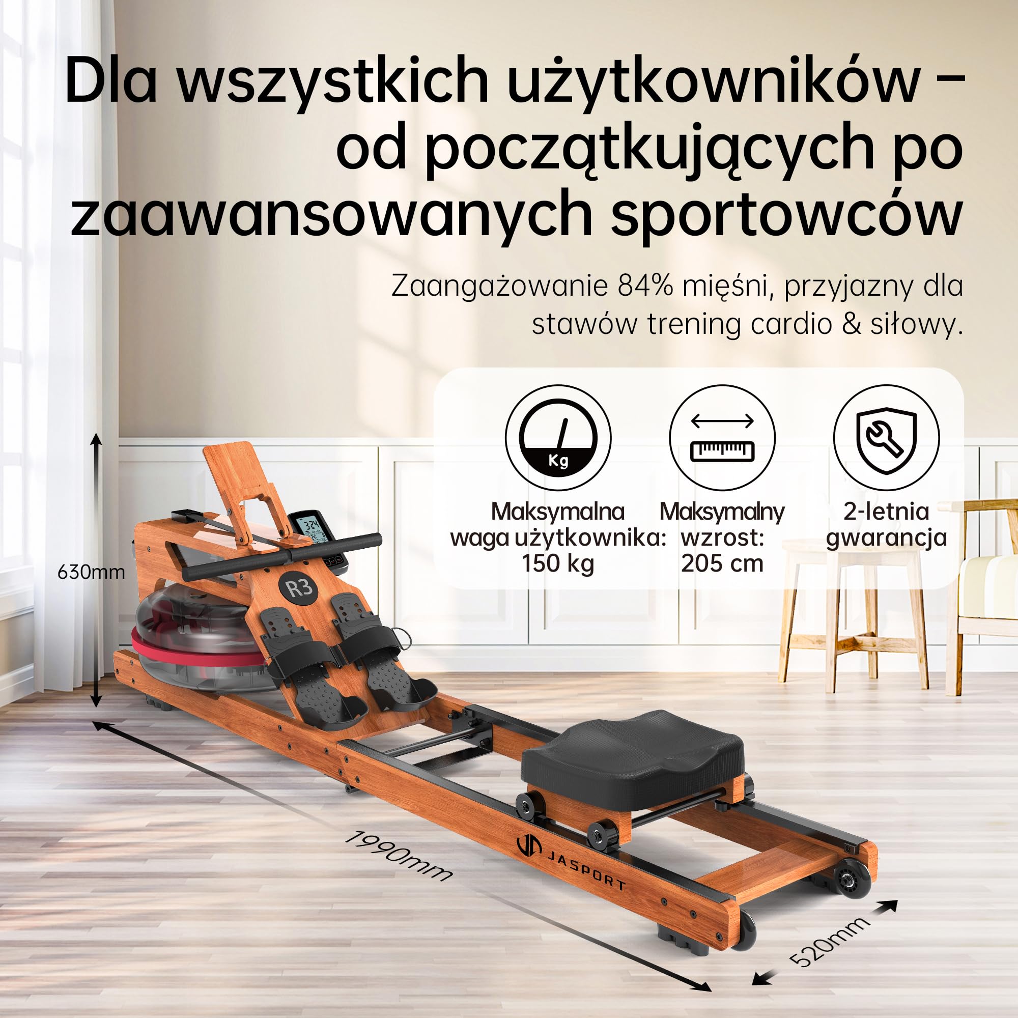 R3 składany wioślarz z drewna dębowego, LCD Bluetooth, kompatybilny z Kinomap, zbiornik 28 l, maks. obciążenie 150 kg, ergonomiczne siedzisko, regulowany uchwyt na tablet.