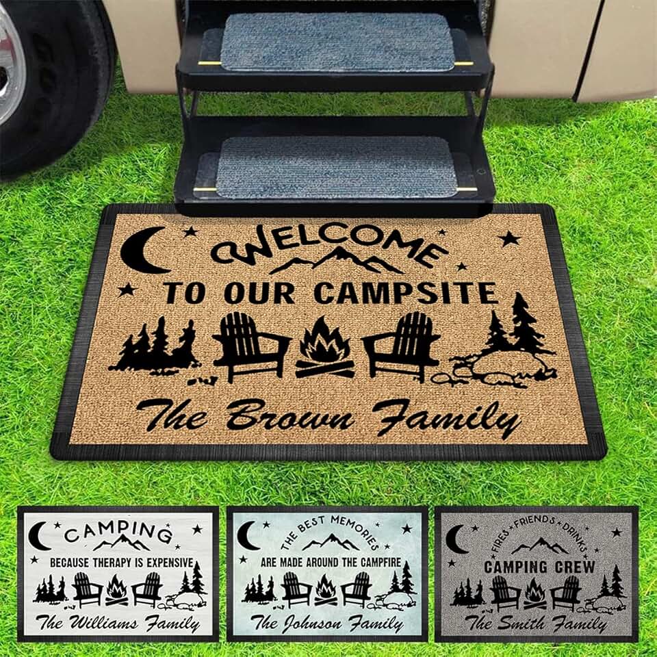 Personalized Welcome To Our Campsite Doormat - Custom Text &amp; Family Name Camping Because Therapy is Expensive Door Mat, RV Accessories for Inside Outside, Camper Decorations Welcome Motorhome Gift Rug