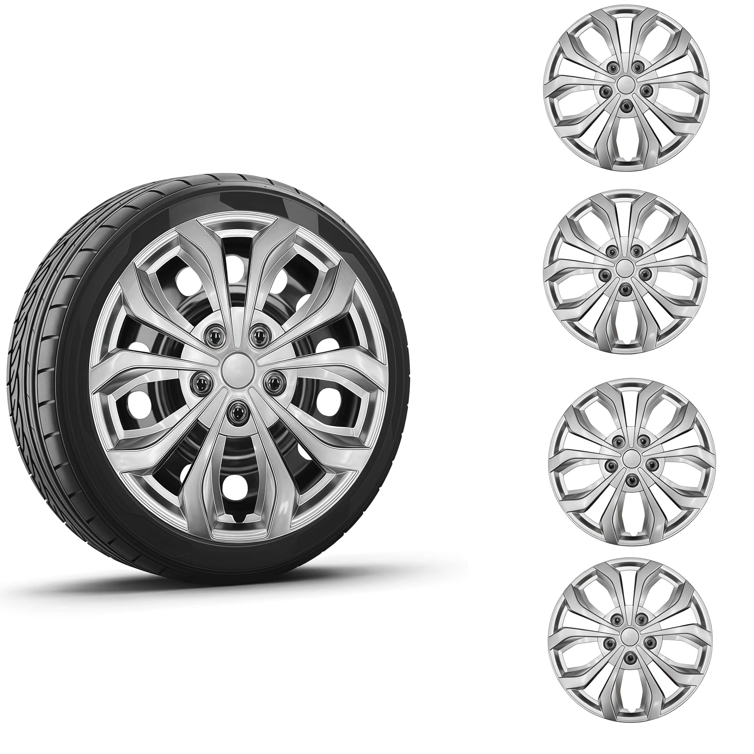 Tulamotori - Set di 4 copricerchi universali, compatibili con cerchi in acciaio, design Snap-On, materiale PP resistente, con anello di sicurezza in acciaio regolabile (argento, 14 pollici)