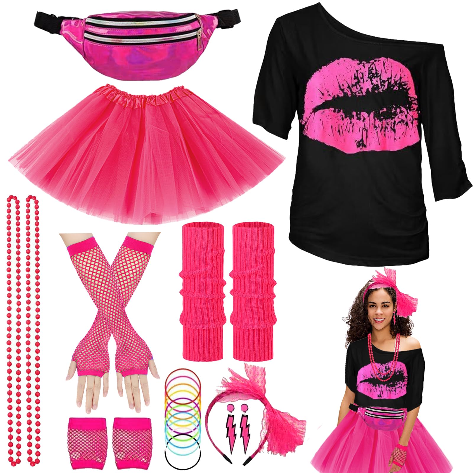 YOUYIKE Disfraz Años 80 Mujer Accesorios S/M/L/XL/XXL,Camiseta, Riñonera, Tutú, Diadema, Collar, Pendiente, Ropa Años 80 Disfraz Carnival Christmas Halloween Cosplay