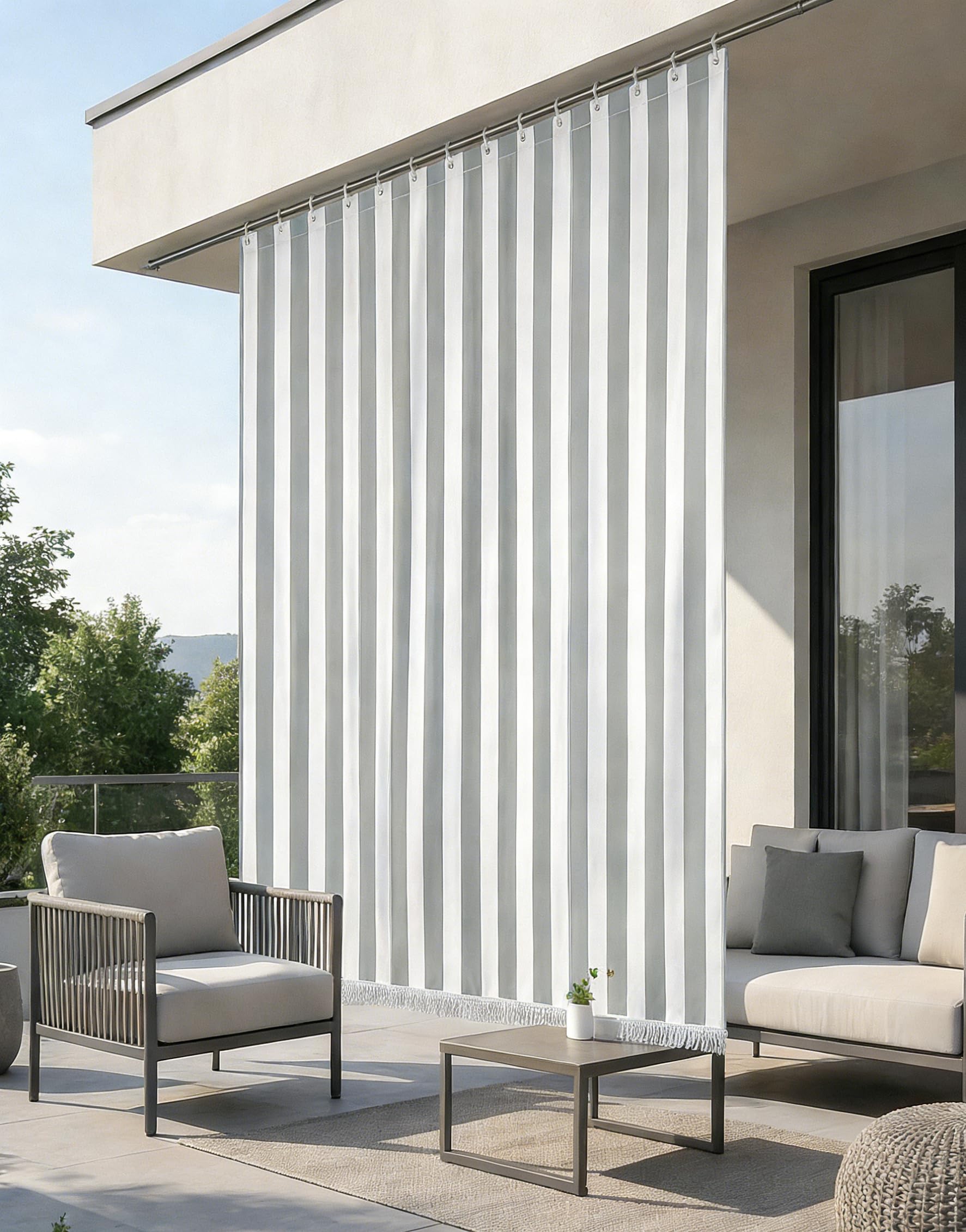 Rivers Rideau de soleil à rayures pour balcon et fenêtre extérieur, polyester léger, filtre la lumière solaire, différentes tailles de couleurs, avec franges et anneaux en plastique, 1 145 x 290 cm,