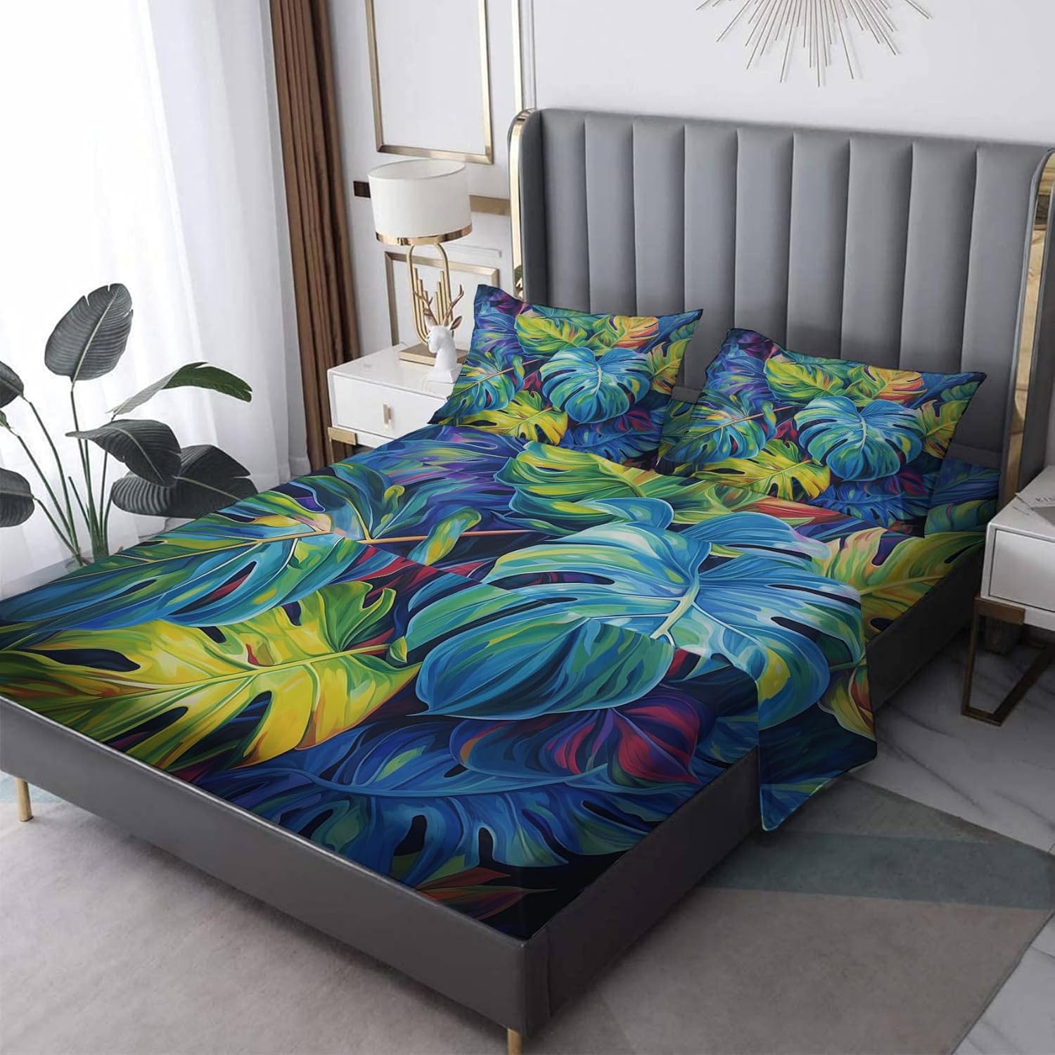zcwl Cal King Sheets Set, Tropical Leaves Bed Sheets