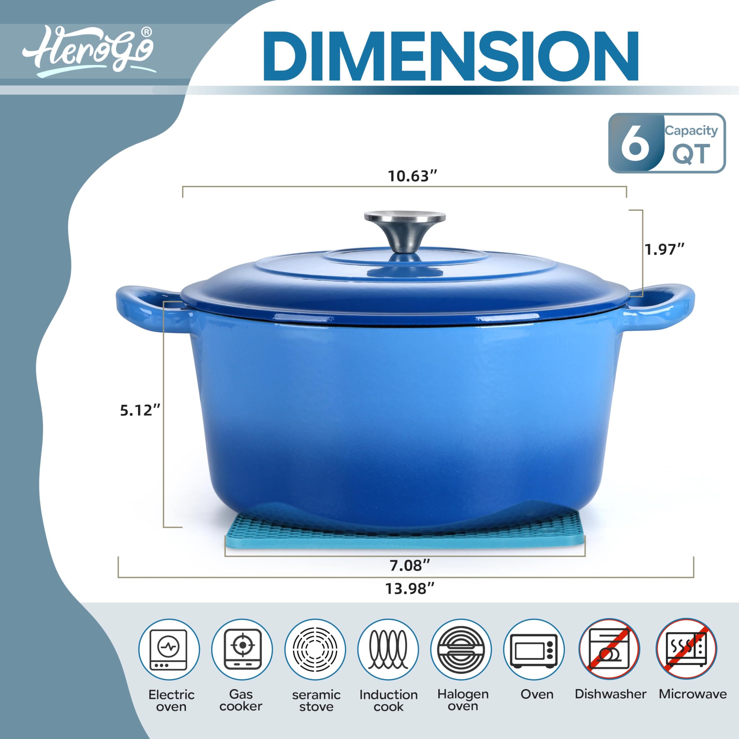 Herogo Horno holandés de hierro fundido esmaltado de 6 cuartos con tapa y salvamanteles de silicona, olla holandesa redonda azul con asas dobles para pan, hornear, guisar, asar varias estufas y horno