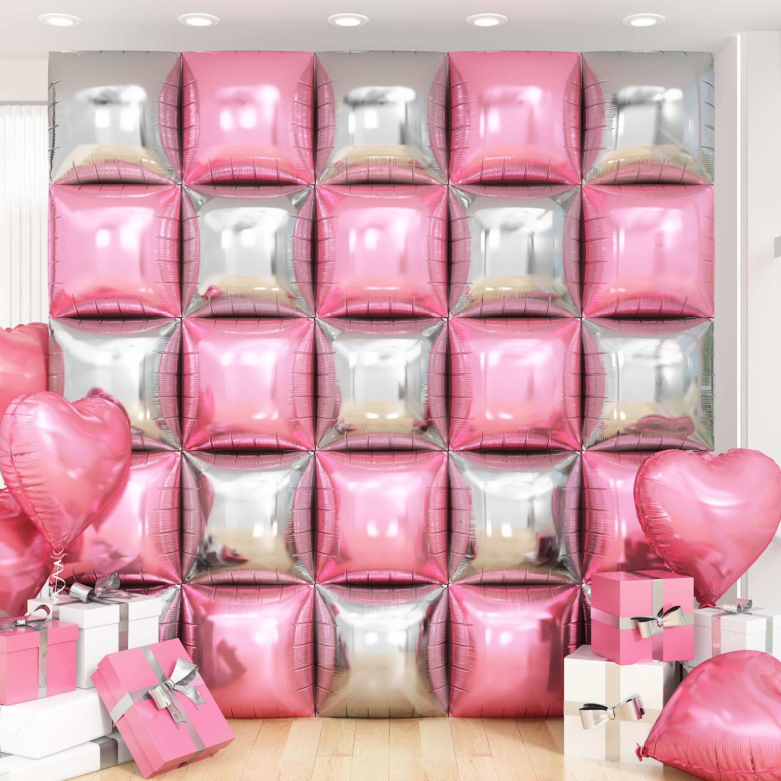 Pink Silver Square Foil Balloon Wall,25Pcs Double Sided Balloons Backdrop Helium Balloon Tunnel Arch Garland Kit for Christmas Birthday Bridal