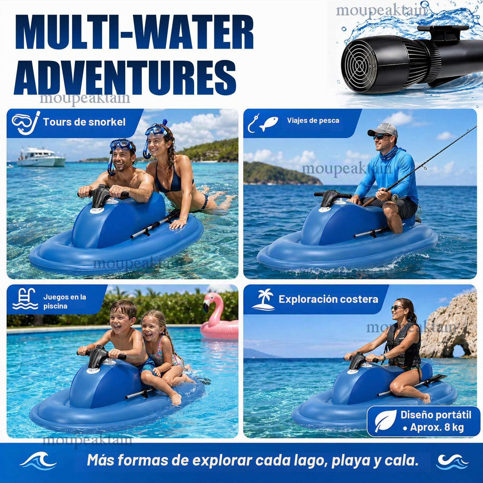 Barca Hinchable 2 Personas con Motor, Jet Ski & Scooter Submarino 500W/700W con Marcha Atrás, Velocidad 3–9 km/h, Motos Electricas Adultos, Ideal para Lago, Mar y Snorkel 16A