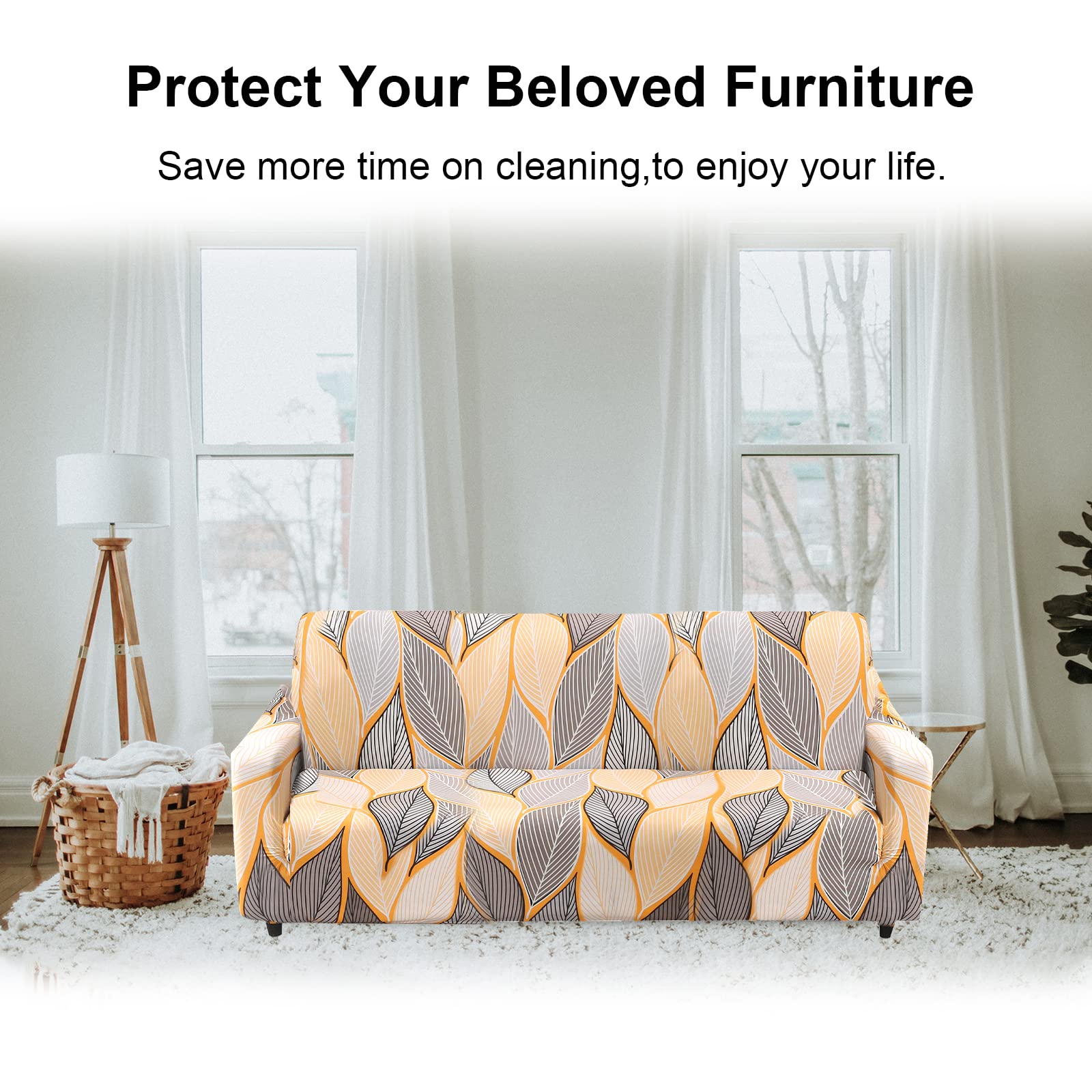 Jaotto Copridivano 2 Posti Elasticizzato, Fodera per Divano Elasticizzato Fantasia Antiscivolo Antimacchia, Copridivano con Braccioli Tessuto Super Morbido Universale(Foglie Gialle,2 Posti)