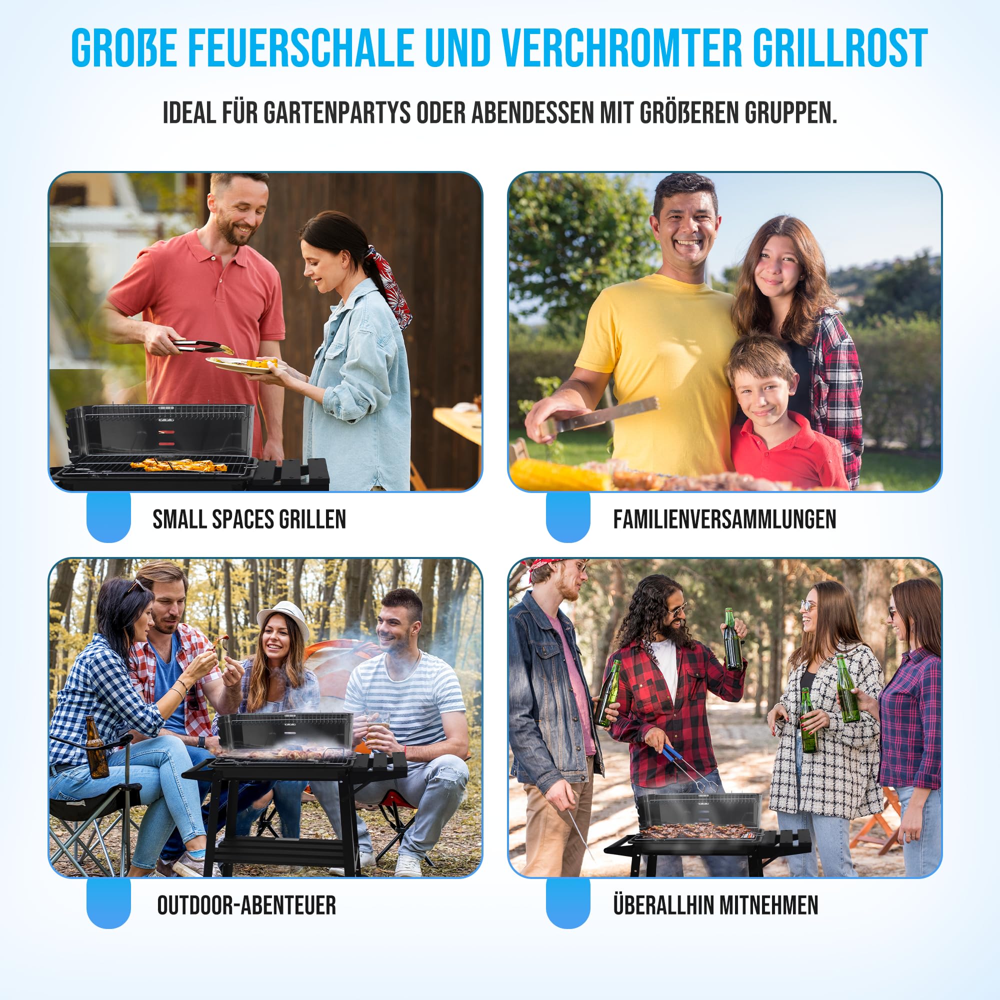 Holzkohlegrill edelstahl auf rollen,Säulengrill,BBQ-Grill,inkl 4-fach höhenverstellbarem Grillrost, Lüftungsregler,Aschekasten und Aschekasten, für Camping, Garten, Schwarz