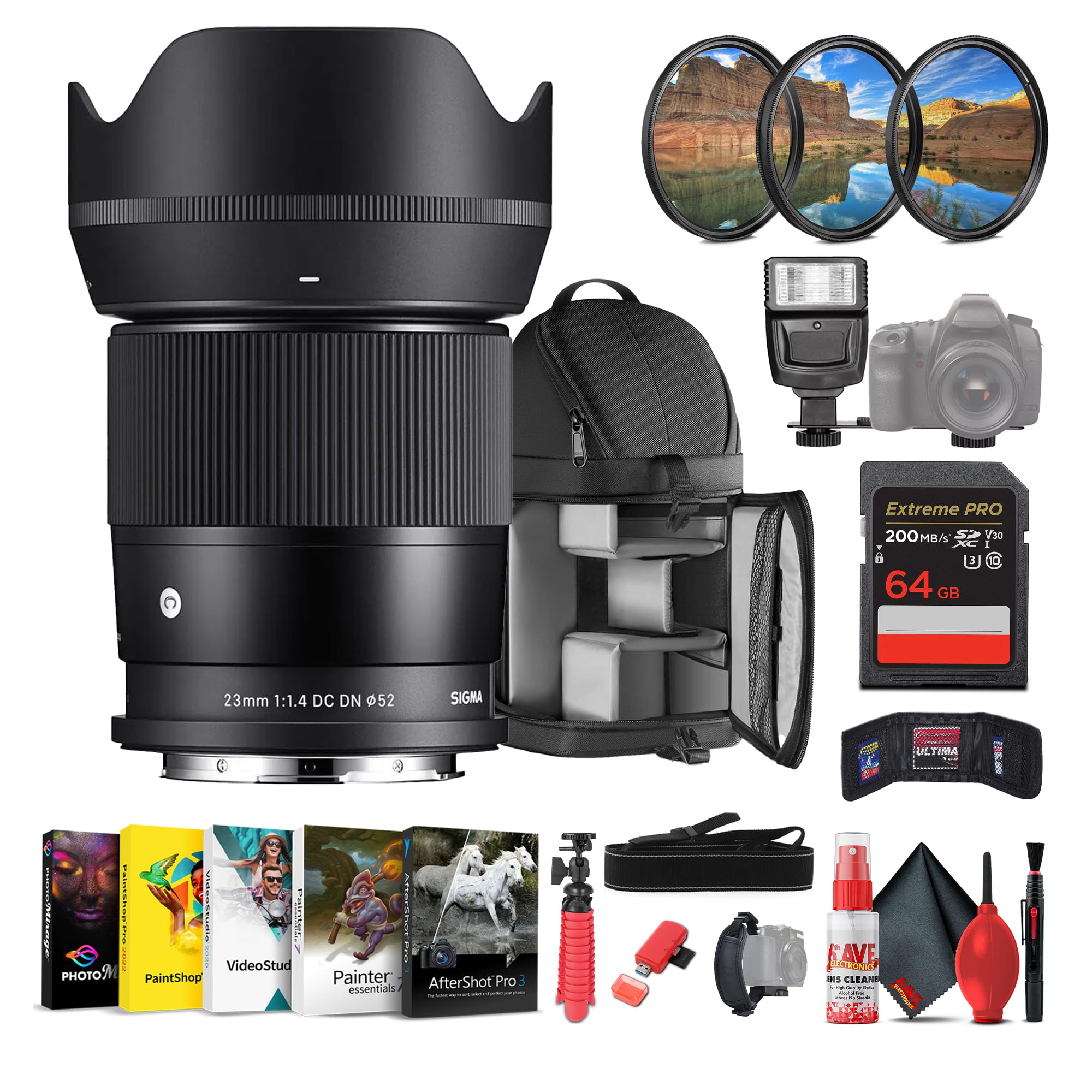 Sigma 23mm f/1.4 DC DN Contemporary Lens (Canon RF) 348972 Bundle Includes: Backpack, Flash, Memory Card, Card Wallet, Filter Kit, 12 Inch Tripod, Card Reader, Cleaning Kit, Blower Brush, + More